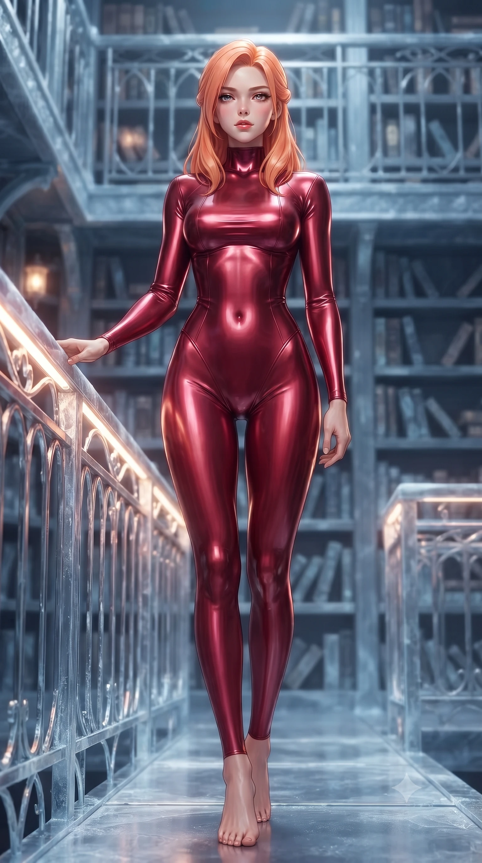 score_9, masterpiece, best quality, ultra-detailed, high-budget anime keyframe, editorial fashion photography, tasteful artistic composition, Japanese woman. low angle full-body shot from head to toe showing her feet, filling the entire 9:16 vertical frame with her statuesque presence, stretching her vertical silhouette. standing in a tall, confident posture with one hand on a glowing metal railing, stretching her statuesque body, the background shows a soft-focus an ice palace library with metal shelves, manuals, and tablets. She has an absolutely perfect, statuesque 8.5-heads proportion, an exceptionally tall and slender model-like female figure with impossibly long slender legs and an ultra-slim waist. sharp v-shaped jawline, high-bridge nose, intricate jewel-like eyes with depth, thick eyelashes, glossy lips with a natural sheen. wearing a form-contouring form-contouring high-neck bodycon suit in deep crimson, contouring her athletic build like a second skin. soft warm reading lights creating a quiet, focused, and meditative mood. ultra-reflective glossy finish, specular highlights, metallic sheen, high-contrast stereoscopic depth, volumetric dynamic lighting, 2k, ultra detail, master piece, 9:16 ratio