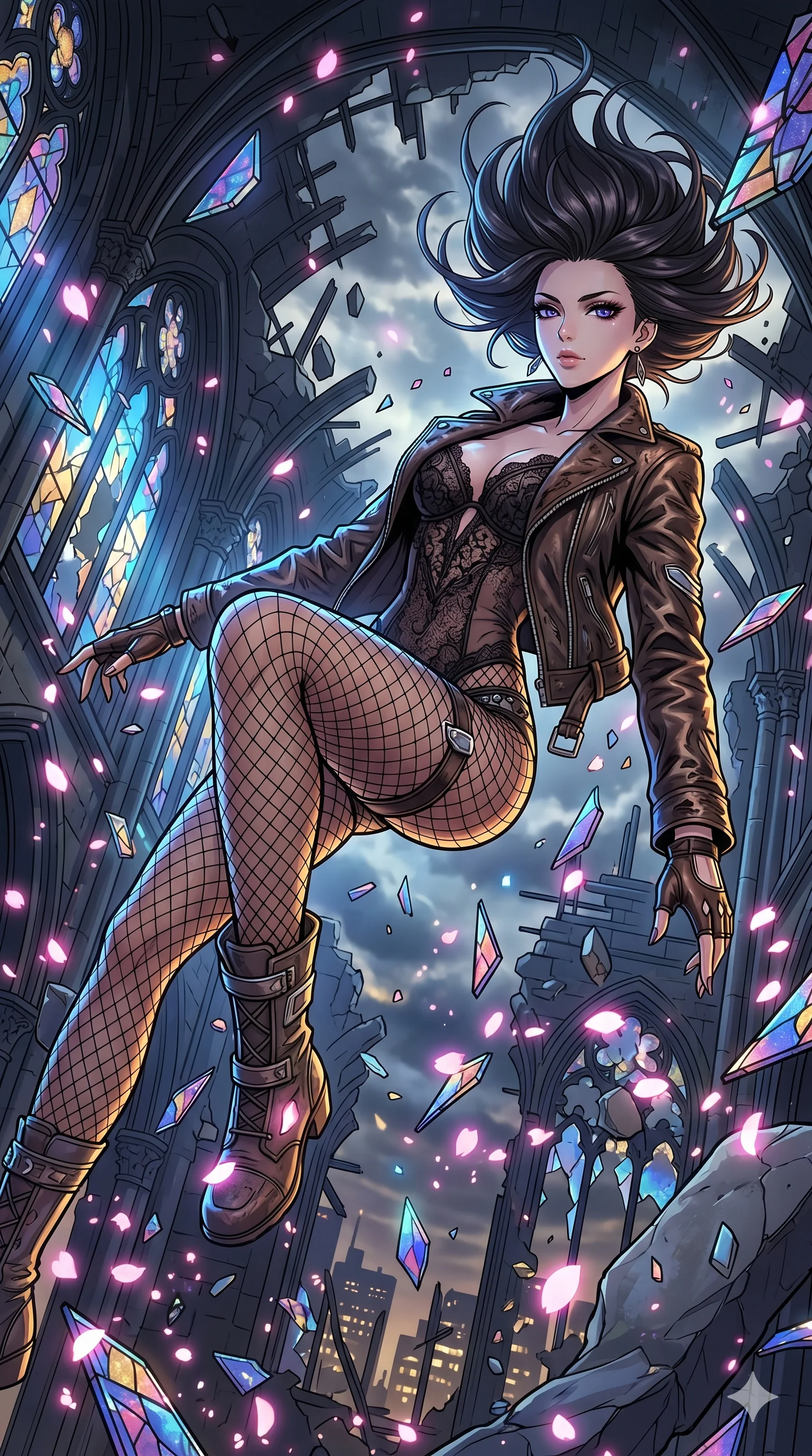 score_9, masterpiece, best quality, ultra-detailed, Set A: High-budget Anime Keyframe, Japanese woman. Low angle cowboy shot filling the entire 9:16 frame with her statuesque presence. Floating through a shattered glass cathedral, as gravity fails and everything around her floats in state 26 and surrounded by digital sakura petals. She has an absolutely perfect 8-heads proportion, an exceptionally tall and slender female figure with impossibly long slender legs and an ultra-slim waist. Sharp v-shaped jawline, high-bridge nose, intricate jewel-like eyes with depth, thick eyelashes, glossy lips with a natural sheen. Wearing Distressed leather jacket over a delicate lace teddy and fishnet stockings. Cinematic lighting, vibrant colors, dramatic shadows, 2k, ultra detail, master piece, 9:16 ratio