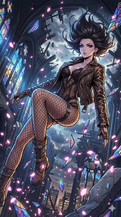 score_9, masterpiece, best quality, ultra-detailed, Set A: High-budget Anime Keyframe, Japanese woman. Low angle cowboy shot filling the entire 9:16 frame with her statuesque presence. Floating through a shattered glass cathedral, as gravity fails an