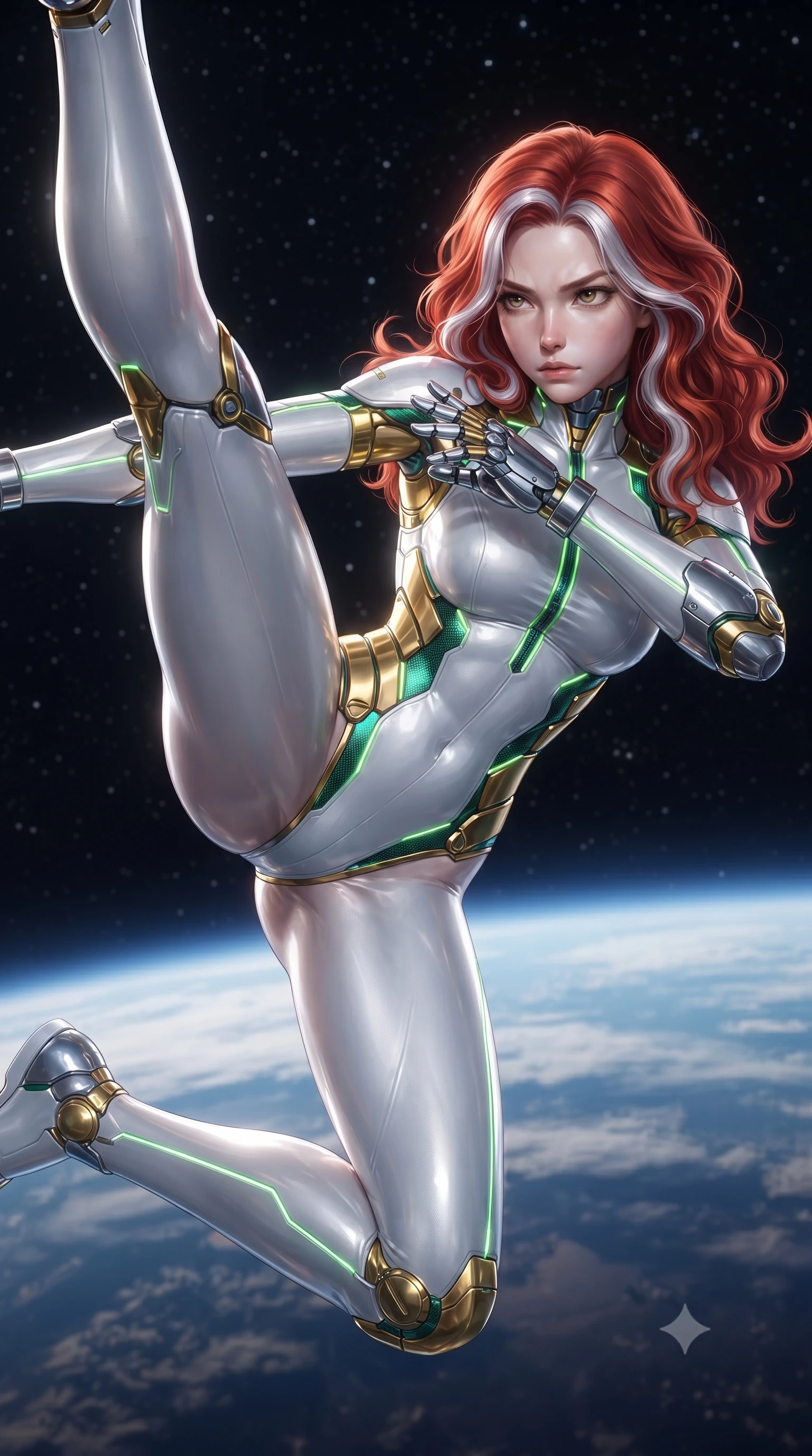 score_9, masterpiece, best quality, ultra-detailed, high-budget anime keyframe, editorial fashion photography, tasteful artistic composition, Caucasian woman. close-up cowboy shot from the waist and thighs up, the character dominates the composition, filling the frame with her large presence. shifting into a low cat-stance with arms crossed defensively, glowing energy conduits tracing her ultra-slim waist and sculpted clavicle while pivoting dynamically in mid-air as she executes a zero-G 180-degree vertical split kick against the star-filled cosmic backdrop. The surrounding environment is rendered in vivid detail and crisp panoramic clarity. sharp carbon armor joint seams, polished knuckle plate facets, and Earth's atmospheric haze in deep focus. She has an exceptionally elegant, slender, and willowy female figure with an ultra-slim waist, a gracefully sculpted slender torso, toned flat midriff, and a refined slim silhouette. sharp v-shaped jawline, high-bridge nose, intricate jewel-like eyes with depth, thick eyelashes, glossy lips with a natural sheen, flawlessly proportioned anatomical accuracy, strict slender model proportions, natural body alignment, perfectly sculpted long slender limbs, ultra-slim waistline, clean dynamic posture without body distortion. wearing a form-contouring arctic white carbon-composite martial arts leotard with solar gold articulation joints and diagonal midriff vents in emerald green carbon composite with glowing lime laser channels, made of liquid carbon-jersey fabric adhering flawlessly to her sculpted silhouette, detailed with magnetic knuckle shock-absorbers and polished chrome articulation joints, the precision-cut daring openings accentuating her delicate midriff, graceful bare collarbones, and ultra-slim feminine waistline. illuminated by crisp white key light and sharp specular highlights tracing her ultra-slim waist and long legs. ultra-reflective glossy finish, specular highlights, dark metallic sheen, high-contrast stereoscopic depth, volumetric dynamic lighting, 2k, ultra detail, master piece, 9:16 ratio
