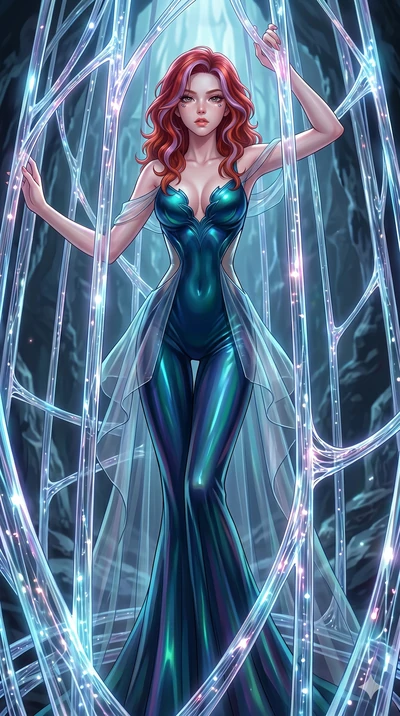 score_9, masterpiece, best quality, ultra-detailed, High-budget Anime Keyframe, East Asian woman. Dynamic full-body shot stretching the vertical silhouette to the limit. Scenario 152: Trapped in a cage of glowing crystalline fibers, body pressing aga