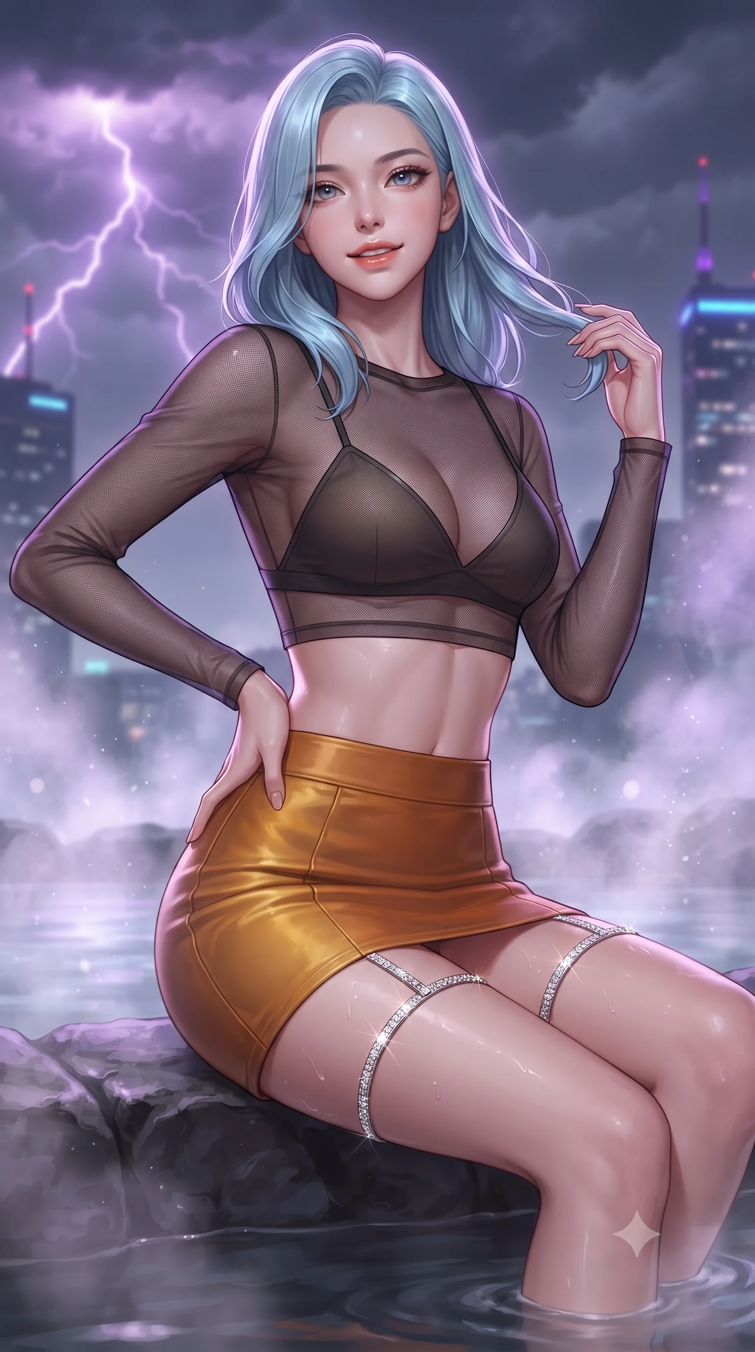 score_9, masterpiece, best quality, ultra-detailed, high-budget anime keyframe, editorial fashion photography, tasteful artistic composition, Korean woman. close-up cowboy shot from the waist and thighs up, the character dominates the composition, filling the frame with her large presence. twisting her slender torso in an alluring contrapposto stance, one hand resting on her sculpted hip while her fingers toy with her hair with effortless poise while sitting on the submerged volcanic stone ledge of the 70th-floor open-air thermal bath, arching her spine with wet-look siren grace. The background shows a soft-focus swirling storm clouds with purple lightning arcs, distant neon skyscraper antennas, and billowing thermal steam blurred into violet, sapphire, and starlight bokeh. She has an exceptionally elegant, slender, and willowy female figure with an ultra-slim waist, flat toned midriff, narrow ribcage, and sculpted feminine hips creating an alluring, slim hourglass silhouette without bulk. sharp v-shaped jawline, high-bridge nose, sparkling eyes with hypnotic seductive depth, thick curled eyelashes, glossy parted lips with a natural dewy peach sheen, alluring bedroom-eyes with an enchanting coquettish smile, exuding magnetic siren charisma and sophisticated glamour, flawlessly proportioned anatomical accuracy, strict slender model proportions, natural body alignment, perfectly sculpted long slender limbs, ultra-slim waistline, clean dynamic posture without body distortion. wearing a sheer mesh long-sleeve crop top over an opaque strappy micro-bralette and a sleek leatherette mini skirt in warm amber honey and antique gold leaf, tailored from fine structural neoprene with crisp architectural edges and smooth contouring, finished with delicate crystal-encrusted thigh garter straps glinting in the dim light, the second-skin tailored fabric adhering flawlessly to her sculpted flat midriff and slender torso, emphasizing her long leg lines and perfectly proportioned willowy build. illuminated by steam particle light scatter and sharp platinum-violet rim lights defining her razor-sharp jawline, narrow waist, and voluptuous hip curves. ultra-reflective glossy finish, specular highlights, rich textural contrasts, high-contrast stereoscopic depth, volumetric dynamic lighting, 2k, ultra detail, master piece, 9:16 ratio