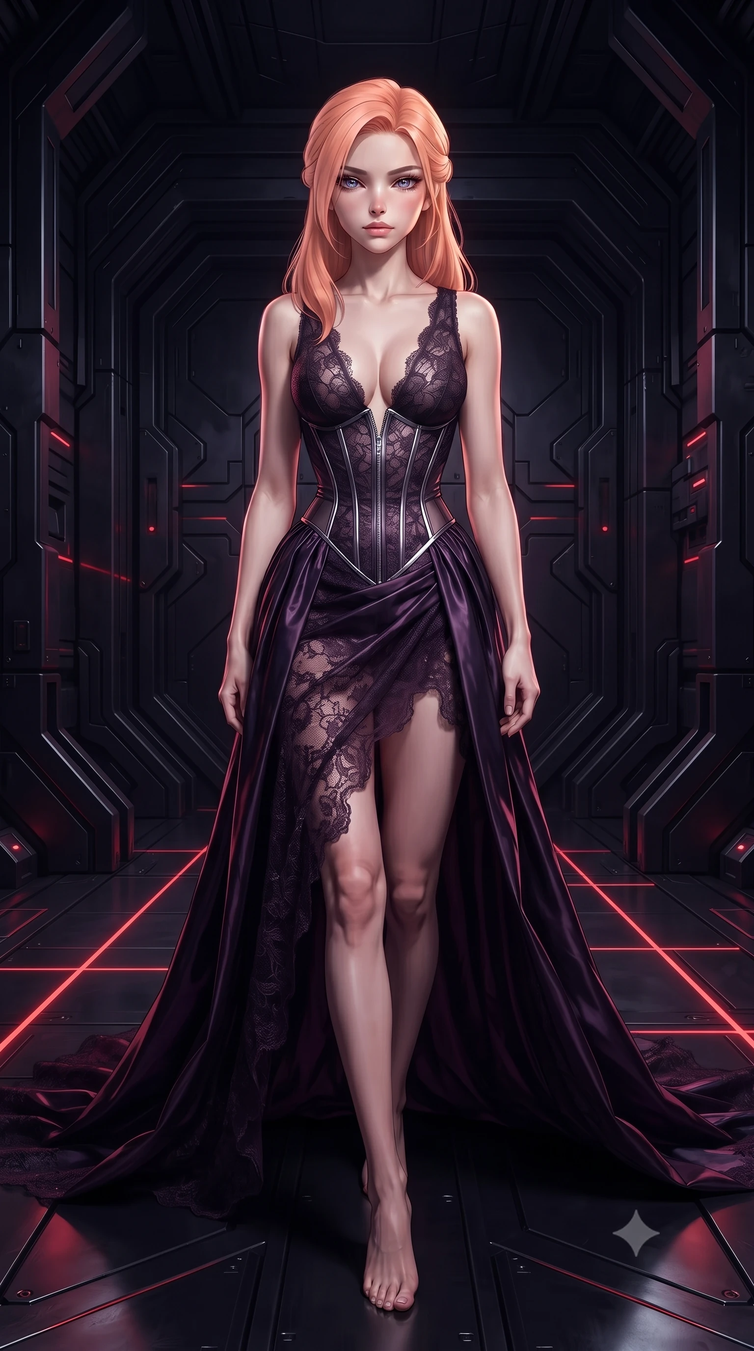 score_9, masterpiece, best quality, ultra-detailed, high-budget anime keyframe, editorial fashion photography, tasteful artistic composition, Japanese woman. low angle full-body shot from head to toe showing her feet, filling the entire 9:16 vertical frame with her statuesque presence, stretching her vertical silhouette. navigating the midnight sanctuary with an effortless, graceful stride, navigating a dark alloy corridor with heavy reinforced blast doors, glowing red and dark violet laser lines scanning across dark metallic floors. She has an absolutely perfect, statuesque 8.5-heads proportion, an exceptionally tall and slender model-like female figure with impossibly long slender legs and an ultra-slim waist. sharp v-shaped jawline, high-bridge nose, intricate jewel-like eyes with depth, thick eyelashes, glossy lips with a natural sheen. wearing gothic nebula sheer dark lace gown with plunging neckline in dark plum violet, made of iridescent dark violet taffeta, finished with metallic silver boning and sleek zipper points, accentuating her gracefully sculpted slender torso. bathed in high-contrast metallic specular lighting and pitch-dark ambiance. ultra-reflective glossy finish, specular highlights, metallic sheen, high-contrast stereoscopic depth, volumetric dynamic lighting, 2k, ultra detail, master piece, 9:16 ratio