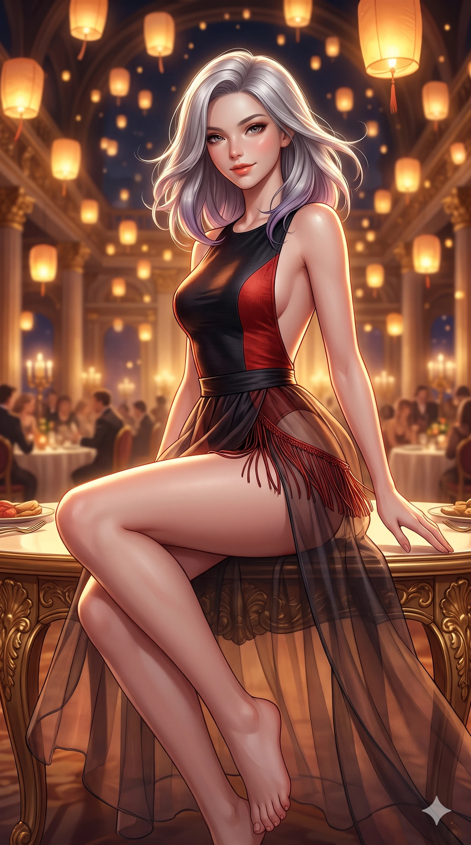 score_9, masterpiece, best quality, ultra-detailed, high-budget anime keyframe, semi-realistic 3D game render, editorial fashion photography, tasteful artistic composition, Caucasian woman. close-up cowboy shot from the waist and thighs up, the character dominates the composition, filling the frame with her large presence. turning slowly with an enchanting smoldering smile, her glossy hair tossing in the breeze as her hips angle gracefully in a captivating contrapposto while perched on the edge of the gilded banquet table with legs crossed, leaning close with sparkling eyes and an intoxicating siren smile. The background shows a soft-focus opulent royal palace banquet hall softened in festive nocturnal shallow focus. She has an exceptionally elegant, slender, and willowy female figure with an ultra-slim waist, flat toned midriff, narrow ribcage, and sculpted feminine hips creating an alluring, slim hourglass silhouette without bulk. sharp v-shaped jawline, high-bridge nose, sparkling eyes with hypnotic seductive depth, thick curled eyelashes, glossy parted lips with a natural dewy peach sheen, alluring bedroom-eyes with an enchanting coquettish smile, exuding magnetic siren charisma and sophisticated glamour, flawlessly proportioned anatomical accuracy, strict slender model proportions, natural body alignment, perfectly sculpted long slender limbs, ultra-slim waistline, clean dynamic posture without body distortion. wearing a provocative sheer nobang organza wrap overskirt layered over a form-fitting silk leotard with bare hip flanks in midnight obsidian black and rich cinnabar red, woven from bespoke Korean ramie fabric with crisp tactile slub texture, finished with delicate silk fringe trim fluttering along her hip line with kinetic charm, the precision-cut side openings and low-back scoop framing her graceful spine and the sensual sweep of her slim, toned hips. bathed in the warm, glorious amber glow of hundreds of floating silk lanterns casting flattering dimensional illumination. highly saturated vibrant anime colors, detailed shading with soft gradients, rich glossy textures, high-contrast stereoscopic depth, volumetric dynamic lighting, master piece, 9:16 ratio