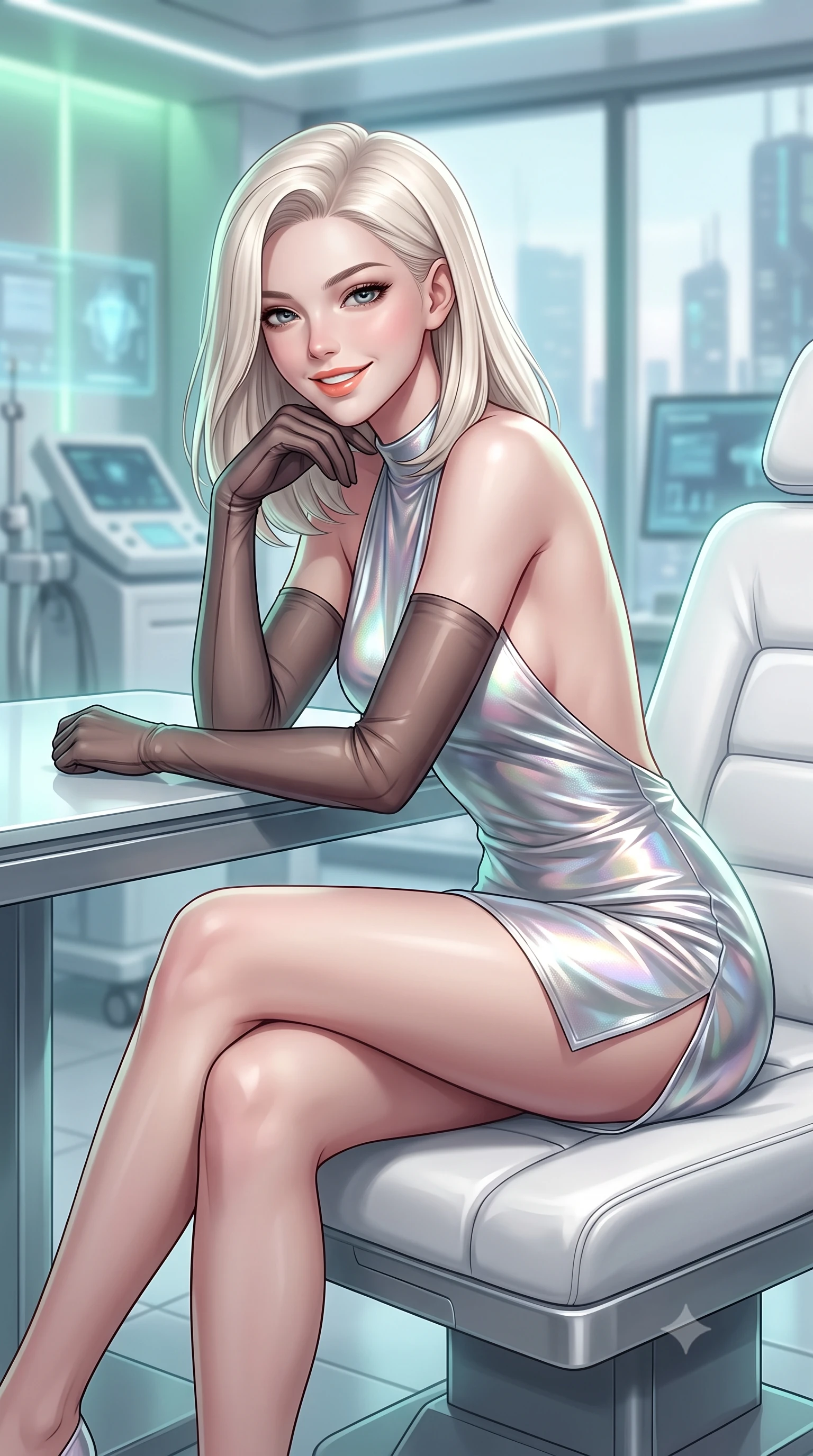 score_9, masterpiece, best quality, ultra-detailed, high-budget anime keyframe, semi-realistic 3D game render, editorial fashion photography, tasteful artistic composition, Caucasian woman. close-up cowboy shot from the waist and thighs up, the character dominates the composition, filling the frame with her large presence. resting one elbow on the table and supporting her chin, leaning close to the camera with heavy-lidded sparkling eyes and parted lips while sitting gracefully on the sculpted white leather treatment chair with legs crossed, flashing a radiant, playful smile with parted glossy lips. The background shows a soft-focus sterile clinical micro-vapor softened in luxury cyber-clinic penthouse shallow focus. She has an exceptionally elegant, slender, and willowy female figure with an ultra-slim waist, flat toned midriff, narrow ribcage, and sculpted feminine hips creating an alluring, slim hourglass silhouette without bulk. sharp v-shaped jawline, high-bridge nose, intricate jewel-like sparkling eyes with depth, thick eyelashes, glossy parted lips with a natural peach sheen, bright cheerful beaming smile with an enchanting and coquettish sensual glint, exuding both youthful cute charm and seductive allure, flawlessly proportioned anatomical accuracy, strict slender model proportions, natural body alignment, perfectly sculpted long slender limbs, ultra-slim waistline, clean dynamic posture without body distortion. wearing an alluring backless metallic lamé combat halter mini dress with deep open back down to her lower spine and thigh-high slit in iridescent mother-of-pearl and liquid molten silver, crafted from bespoke double-faced cashmere with an exceptionally soft tactile finish, complemented by sheer opera-length evening gloves tracing her slender arms, the bespoke structured tailoring following the natural line of her 8.5-heads silhouette with refined elegance. bathed in pristine 6000K clinical white light combined with soft emerald holographic ambient glow. highly saturated vibrant anime colors, detailed shading with soft gradients, rich glossy textures, high-contrast stereoscopic depth, volumetric dynamic lighting, master piece, 9:16 ratio