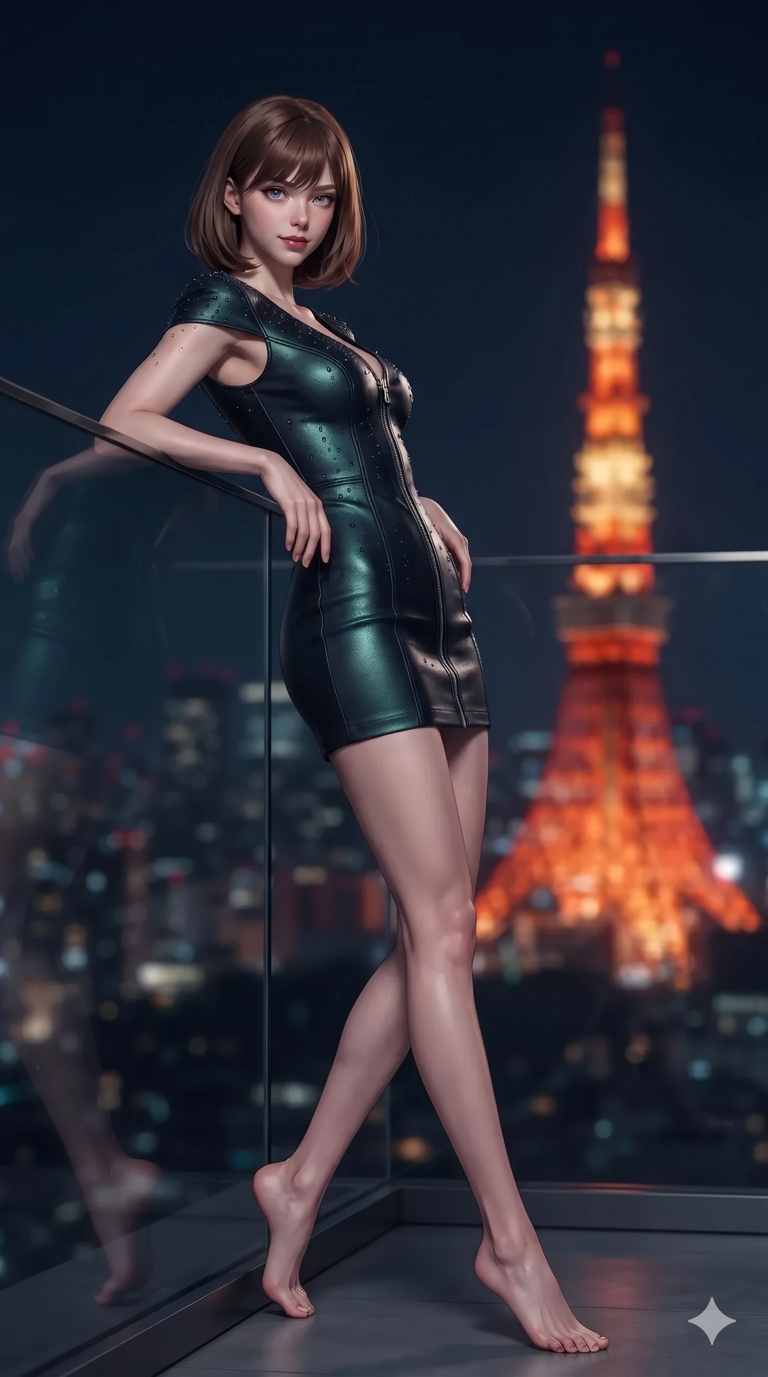 score_9, masterpiece, best quality, ultra-detailed, high-budget anime keyframe, editorial fashion photography, tasteful artistic composition, Caucasian woman. low angle full-body shot from head to toe showing her feet, filling the entire 9:16 vertical frame with her statuesque presence, stretching her vertical silhouette. leaning back against the sleek glass parapet with hips cocked back, casting an intoxicating, sultry bedroom-gaze over a bare shoulder toward the lens while twisting her slender torso in an alluring contrapposto stance, night breezes fluttering her gown and tracing her narrow waist and curvy hips. The background shows a soft-focus panoramic Tokyo skyline at midnight softened in penthouse rooftop shallow focus. She has an exceptionally tall and slender model-like 8.5-heads proportion, an ultra-slim waist, a flat toned midriff, narrow delicate ribcage, and beautifully sculpted feminine hips creating a graceful, slim hourglass silhouette without any bulky heaviness, with impossibly long slender legs. sharp v-shaped jawline, high-bridge nose, intricate jewel-like dark sparkling eyes with dangerous depth, thick curled eyelashes, glossy parted lips with a rich wine sheen, smoldering seductive half-smile with bedroom-eyes, exuding effortless superiority and intoxicating dark allure, flawlessly proportioned anatomical accuracy, strict slender model proportions, natural body alignment, perfectly sculpted long slender limbs, ultra-slim waistline, clean dynamic posture without body distortion. wearing a glove-like stretch lambskin leather corset mini dress with double-ended front zipper in iridescent petroleum beetle-sheen and deep graphite, woven from bespoke high-density barathea wool with refined ceremonial hold, finished with glistening rain droplets beading across her sculpted shoulders and flat midriff, the impeccably tailored cut draping gracefully along her slender figure with aristocratic noir poise. bathed in the warm radiant scarlet and orange glow of Tokyo Tower contrasted with deep midnight navy skies. ultra-reflective glossy finish, specular highlights, rich textural contrasts, high-contrast stereoscopic depth, volumetric dynamic lighting, 2k, ultra detail, master piece, 9:16 ratio