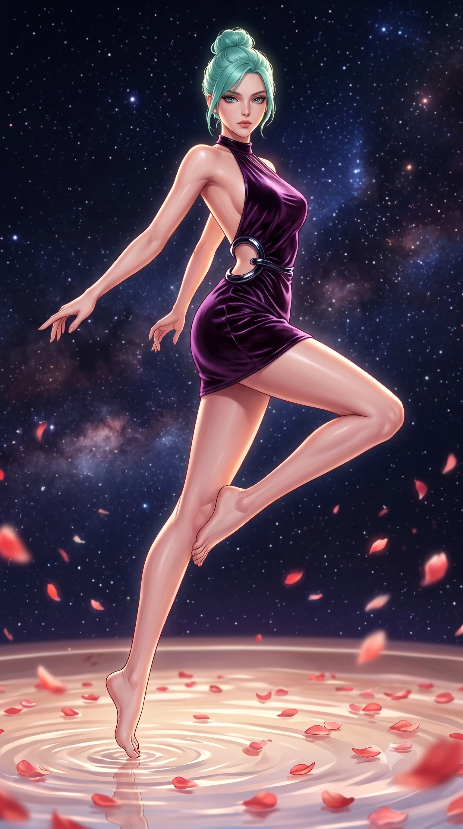 score_9, masterpiece, best quality, ultra-detailed, high-budget anime keyframe, editorial fashion photography, tasteful artistic composition, Japanese woman. low angle full-body shot from head to toe showing her feet, filling the entire 9:16 vertical frame with her statuesque presence, stretching her vertical silhouette. leaping dynamically through the starry space, her posture full of power and elegance, stepping gracefully into a warm pool floating with delicate red and pink petals, ultra-luxurious spa aesthetic with high-fashion editorial execution. She has an absolutely perfect, statuesque 8.5-heads proportion, an exceptionally tall and slender model-like female figure with impossibly long slender legs and an ultra-slim waist. sharp v-shaped jawline, high-bridge nose, intricate jewel-like eyes with depth, thick eyelashes, glossy lips with a natural sheen. wearing backless liquid vinyl mini slip dress with bare shoulder halter neckline in dark plum violet, made of crushed dark silk velvet, accented with sculpted obsidian chrome rings at the waist, the fitted fabric emphasizing her ultra-slim waist. lit by clear warm key rays highlighting her refined facial features. highly saturated vibrant anime colors, detailed shading with soft gradients, rich glossy textures, high-contrast stereoscopic depth, volumetric dynamic lighting, master piece, 9:16 ratio