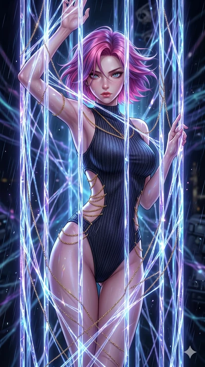 score_9, masterpiece, best quality, ultra-detailed, High-budget Anime Keyframe, East Asian woman. Dynamic full-body shot stretching the vertical silhouette to the limit. Scenario 122: Trapped in a cage of glowing crystalline fibers, body pressing aga