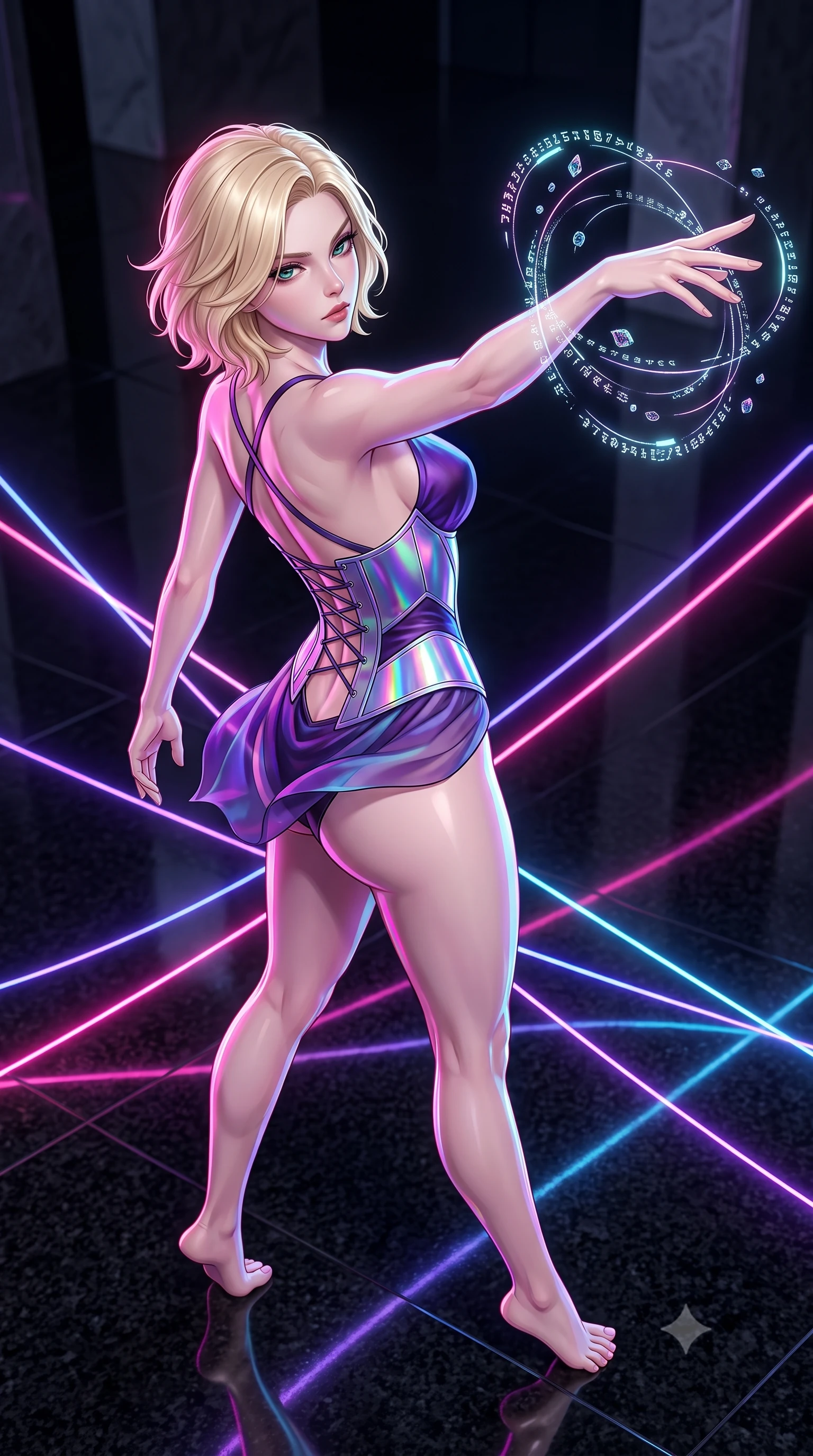 score_9, masterpiece, best quality, ultra-detailed, high-budget anime keyframe, semi-realistic 3D game render, editorial fashion photography, tasteful artistic composition, Caucasian woman. close-up cowboy shot from the waist and thighs up, the character dominates the composition, filling the frame with her large presence. extending one arm gracefully as floating holographic glyphs and nano-crystals orbit her fingertips with sovereign power while pivoting dynamically on a reflective black granite floor as criss-crossing neon laser lines trace her statuesque contour. The surrounding environment is rendered in vivid detail and crisp panoramic clarity. sharp obsidian stone edge reflections, distinct laser beam filament shafts, and granite floor reflections in deep focus. She has an exceptionally elegant, slender, and willowy female figure with an ultra-slim waist, a gracefully sculpted slender torso, toned flat midriff, and a refined slim silhouette. sharp v-shaped jawline, high-bridge nose, intricate jewel-like eyes with depth, thick eyelashes, glossy lips with a natural sheen, flawlessly proportioned anatomical accuracy, strict slender model proportions, natural body alignment, perfectly sculpted long slender limbs, ultra-slim waistline, clean dynamic posture without body distortion. wearing a precision-tailored holographic cyber-corset with geometric iridescent plating and an ultra-slim waist-cinching silhouette in iridescent holographic chrome with prism violet highlights, made of smooth flowing silk chiffon that shifts colors with movement, complemented by criss-cross back straps highlighting her completely bare spine, the glove-like aerodynamic second-skin fit tightly clinging to her ultra-slender waist and athletic curves without adding bulk, accentuating her razor-sharp statuesque lines and slim hourglass silhouette. surrounded by an ultra-chic, commanding, and fiercely magnetic cyber-sovereign atmosphere. rich saturated anime colors with glowing neon highlights, detailed shading with soft gradients, rich glossy textures, high-contrast stereoscopic depth, volumetric dynamic lighting, master piece, 9:16 ratio