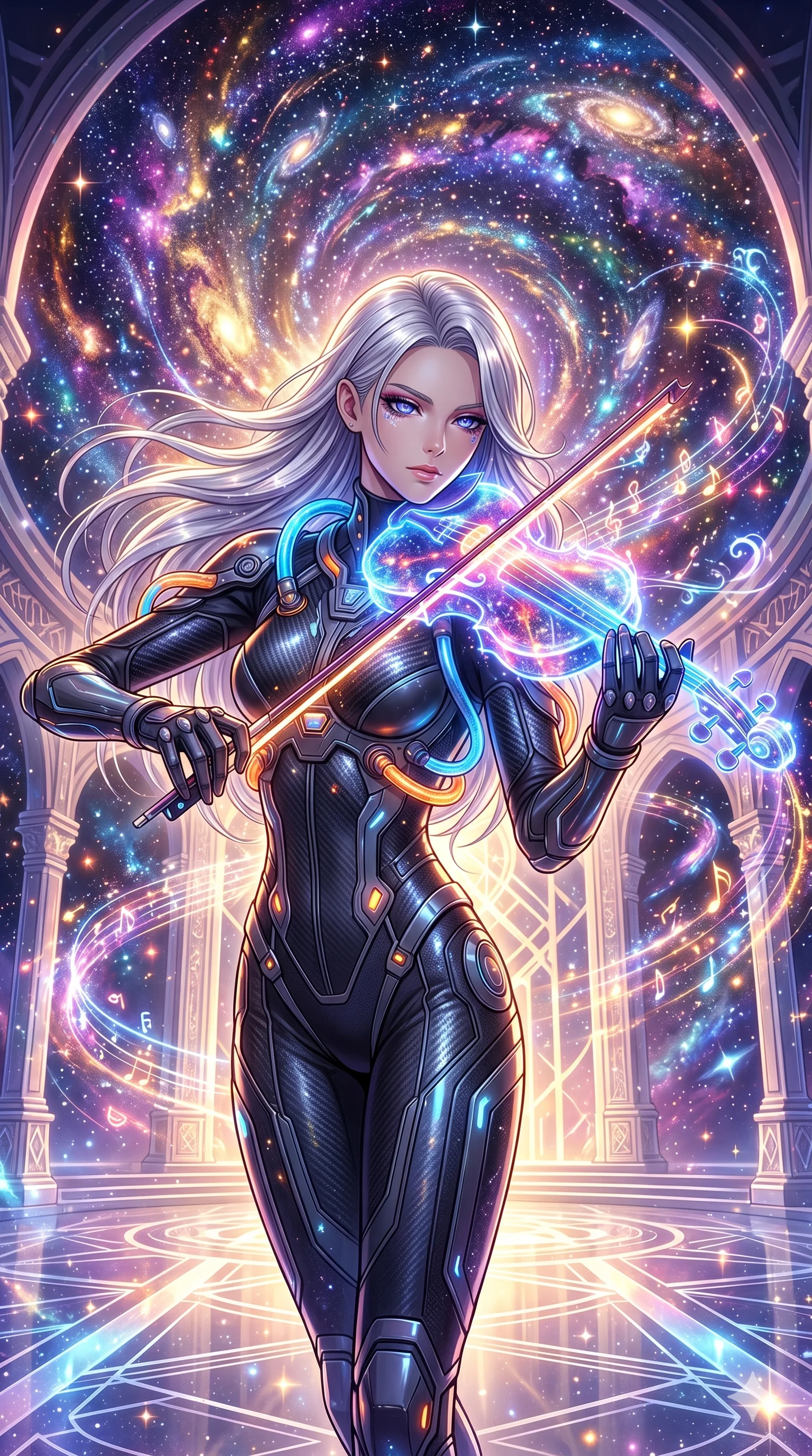 score_9, masterpiece, best quality, ultra-detailed, Set A: High-budget Anime Keyframe, Caucasian (human ears) woman. Upper body close-up from the thighs up, character filling the screen for maximum presence. Theme: Abstract Cosmic. playing a holographic violin in a temple made of solid light, with a look of serene power as the sky splits into 148 colors. The atmosphere is filled with a swirling vortex of stars. She has an absolutely perfect 8-heads proportion, an exceptionally tall and slender female figure with impossibly long slender legs and an ultra-slim waist. Sharp v-shaped jawline, high-bridge nose, intricate jewel-like eyes with depth, glossy lips. Wearing Interstellar pilot suit with glowing oxygen-tubes and a sleek carbon-fiber frame. Cinematic lighting, vivid colors, dramatic shadows, 2k, ultra detail, master piece, 9:16 ratio