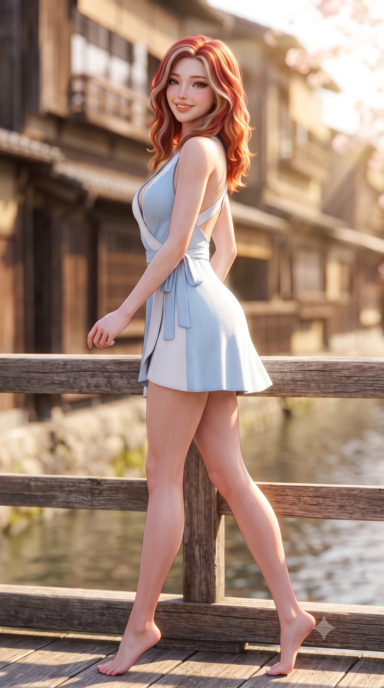 score_9, masterpiece, best quality, ultra-detailed, high-budget anime keyframe, semi-realistic 3D game render, editorial fashion photography, tasteful artistic composition, Caucasian woman. low angle full-body shot from head to toe showing her feet, filling the entire 9:16 vertical frame with her statuesque presence, stretching her vertical silhouette. stepping forward gracefully in mid-motion with a radiant beaming smile, hips swaying in an alluring kinetic rhythm that accentuates her curvy hourglass silhouette and long slender legs while leaning against the cedarwood railing with hips cocked back, looking over a bare shoulder with an enchanting, shy yet alluring smile. The composition keeps background elements in soft focus with dreamy creamy bokeh. historic wooden teahouse facades across the water softened in nostalgic Kyoto shallow focus. She has an exceptionally tall and slender model-like 8.5-heads proportion, an ultra-slim waist, a flat toned midriff, narrow delicate ribcage, and beautifully sculpted feminine hips creating a graceful, slim hourglass silhouette without any bulky heaviness, with impossibly long slender legs. sharp v-shaped jawline, high-bridge nose, intricate jewel-like sparkling eyes with depth, thick eyelashes, glossy parted lips with a natural peach sheen, bright cheerful beaming smile with an enchanting and coquettish sensual glint, exuding both youthful cute charm and seductive allure, flawlessly proportioned anatomical accuracy, strict slender model proportions, natural body alignment, perfectly sculpted long slender limbs, ultra-slim waistline, clean dynamic posture without body distortion. wearing a breezy wrap mini dress with a deep V-neckline and tie-waist accentuating her sculpted flat midriff and hips in soft baby blue and crisp cloud white, crafted from soft cozy cashmere yarn with an airy drape, finished with criss-cross back satin straps highlighting her graceful shoulder blades, the form-contouring cut accentuating her sculpted flat midriff, narrow delicate ribcage, and gracefully curvy hips with supermodel precision. bathed in bright morning sunbeams and warm golden sakura backlighting. highly saturated vibrant anime colors, detailed shading with soft gradients, rich glossy textures, high-contrast stereoscopic depth, volumetric dynamic lighting, master piece, 9:16 ratio