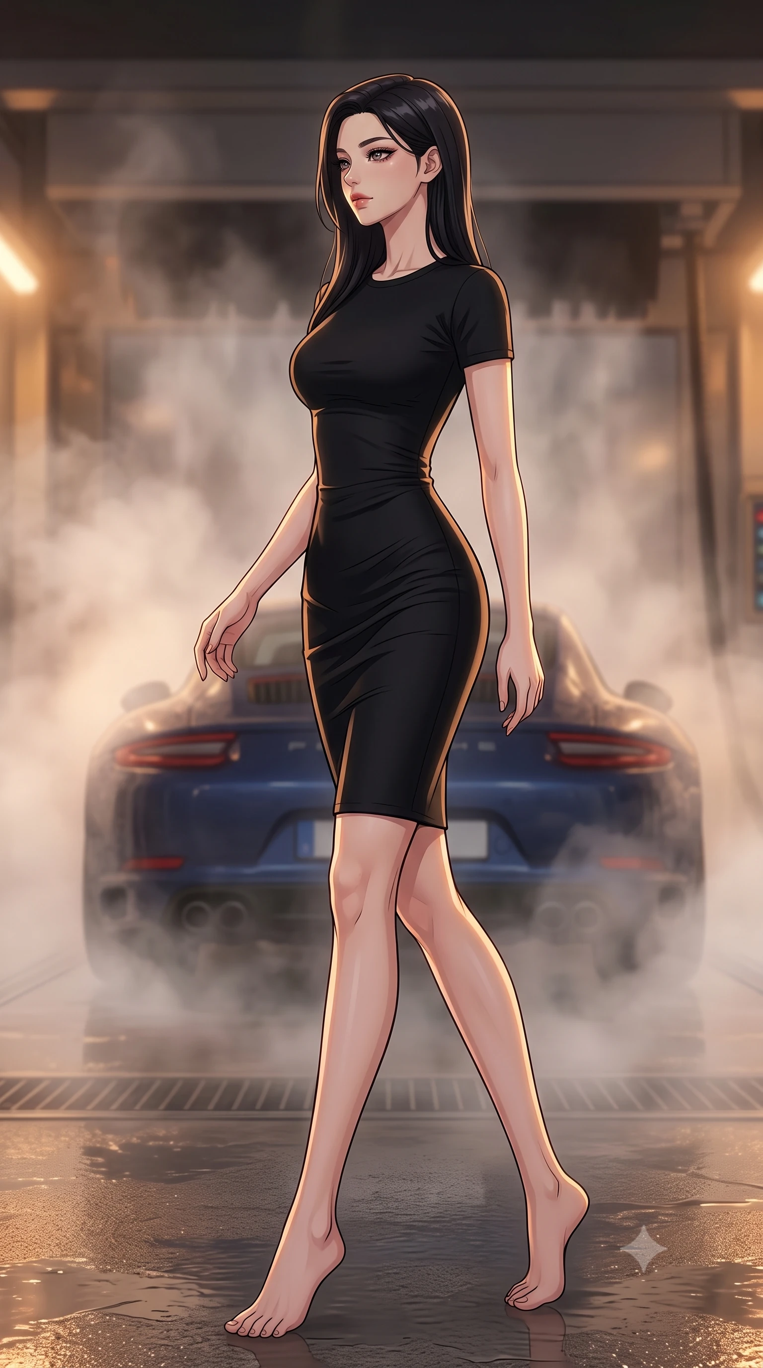 score_9, masterpiece, best quality, ultra-detailed, high-budget anime keyframe, tasteful artistic composition, Korean woman. low angle full-body shot from head to toe showing her feet, filling the entire 9:16 vertical frame with her statuesque presence, stretching her vertical silhouette. stepping gracefully while looking back over her shoulder, her dress draped tightly to reveal her silhouette the background shows a soft-focus an automated wash bay with steam rising softly around a dark blue sports car. She has an absolutely perfect, statuesque 8.5-heads proportion, an exceptionally tall and slender model-like female figure with impossibly long slender legs and an ultra-slim waist. sharp v-shaped jawline, high-bridge nose, intricate jewel-like eyes with depth, thick eyelashes, glossy lips with a natural sheen. wearing a body-hugging form-fitting black bodycon dress in structured crepe fabric with a simple crew neck. warm low-key amber lights highlighting the glossy steam and wet textures. highly saturated vibrant anime colors, cel-shading, 2d style, master piece, 9:16 ratio