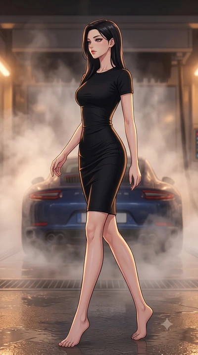 score_9, masterpiece, best quality, ultra-detailed, high-budget anime keyframe, tasteful artistic composition, Korean woman. low angle full-body shot from head to toe showing her feet, filling the entire 9:16 vertical frame with her statuesque presen