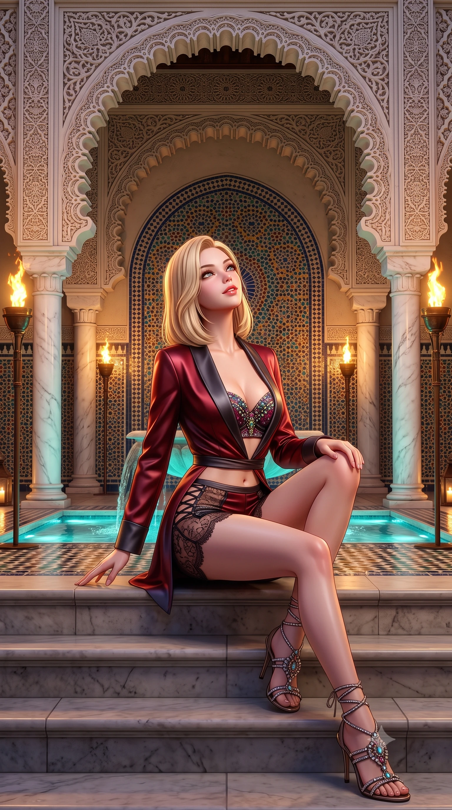 score_9, masterpiece, best quality, ultra-detailed, high-budget anime keyframe, semi-realistic 3D game render, editorial fashion photography, tasteful artistic composition, Korean woman. low angle full-body shot from head to toe showing her feet, filling the entire 9:16 vertical frame with her statuesque presence, stretching her vertical silhouette. sitting poised on the stone steps with one knee bent, arching her spine with supermodel elegance as she glances upward through thick eyelashes while standing framed under the monumental carved stucco horseshoe arch, arching her back with regal siren allure above the reflecting fountain pool. The surrounding environment is rendered in vivid detail and crisp panoramic clarity: sharp zellij geometric mosaic tile seams, carved stucco lace fretwork on arches, and white Carrara marble column veins in deep focus. She has an absolutely perfect, statuesque 8.5-heads proportion, an exceptionally tall and slender model-like female figure with impossibly long slender legs, an ultra-slim waist, a flat toned midriff, narrow delicate ribcage, and beautifully sculpted feminine hips creating a graceful, slim hourglass silhouette without any bulky heaviness. sharp v-shaped jawline, high-bridge nose, sparkling eyes with hypnotic seductive depth, thick curled eyelashes, glossy parted lips with a natural dewy peach sheen, alluring bedroom-eyes with an enchanting coquettish smile, exuding magnetic siren charisma and sophisticated glamour, flawlessly proportioned anatomical accuracy, strict slender model proportions, natural body alignment, perfectly sculpted long slender limbs, ultra-slim waistline, clean dynamic posture without body distortion. wearing a tailored open-front satin smoking jacket worn over a jewel-embellished bandeau and micro-shorts in rich cherry lacquer and smoky charcoal, made of delicate semi-sheer French Chantilly lace with intricate eyelash edges, featuring fine criss-cross lace-up side ties revealing tantalizing glimpses of her hip curve, the high-slit wrap tailoring accentuating her ultra-slim waistline and the enchanting curve of her feminine hips with alluring seductive charm. bathed in the warm dynamic flicker of real outdoor oil torches combined with turquoise submerged pool downlighting. highly saturated vibrant anime colors, detailed shading with soft gradients, rich glossy textures, high-contrast stereoscopic depth, volumetric dynamic lighting, master piece, 9:16 ratio
