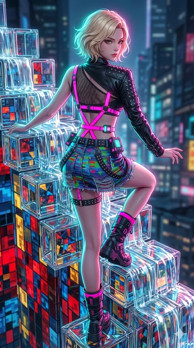 score_9, masterpiece, best quality, ultra-detailed, high-budget anime keyframe, Japanese woman. upper body close-up from the thighs up, character filling the screen for maximum presence. balancing on cubist glass blocks that cascade like a waterfall,
