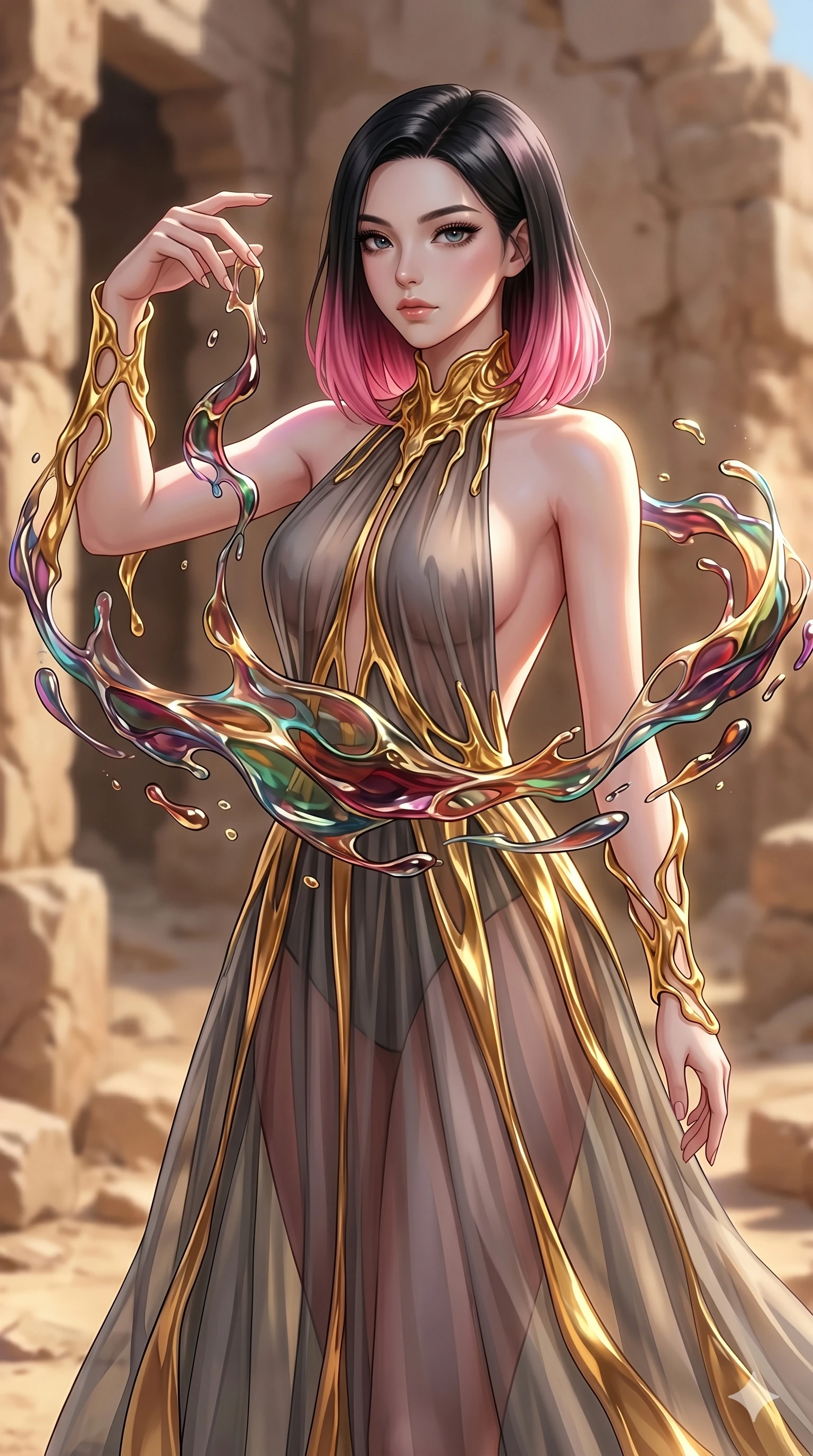 score_9, masterpiece, best quality, ultra-detailed, high-budget anime keyframe, Korean woman. upper body close-up from the thighs up, character filling the screen for maximum presence. interacting with liquid stained-glass that melts and swirls in mid-air inside a crumbling desert ruin, the fluid jewelry floating in suspension. She has an absolutely perfect 8-heads proportion, an exceptionally tall and slender female figure with impossibly long slender legs and an ultra-slim waist. V-shaped jawline, high-bridge nose, intricate jewel-like eyes with depth, thick eyelashes, glossy lips with a natural sheen.. wearing a molten gold and chiffon gown, featuring organic liquid gold collar and cuffs on a translucent charcoal-gray halter neck chiffon gown with a deep backless design. enhanced by a luminous pastel spectrum glow, casting elegant rim lights on her shoulders and jawline. 2k, ultra detail, master piece, 9:16 ratio