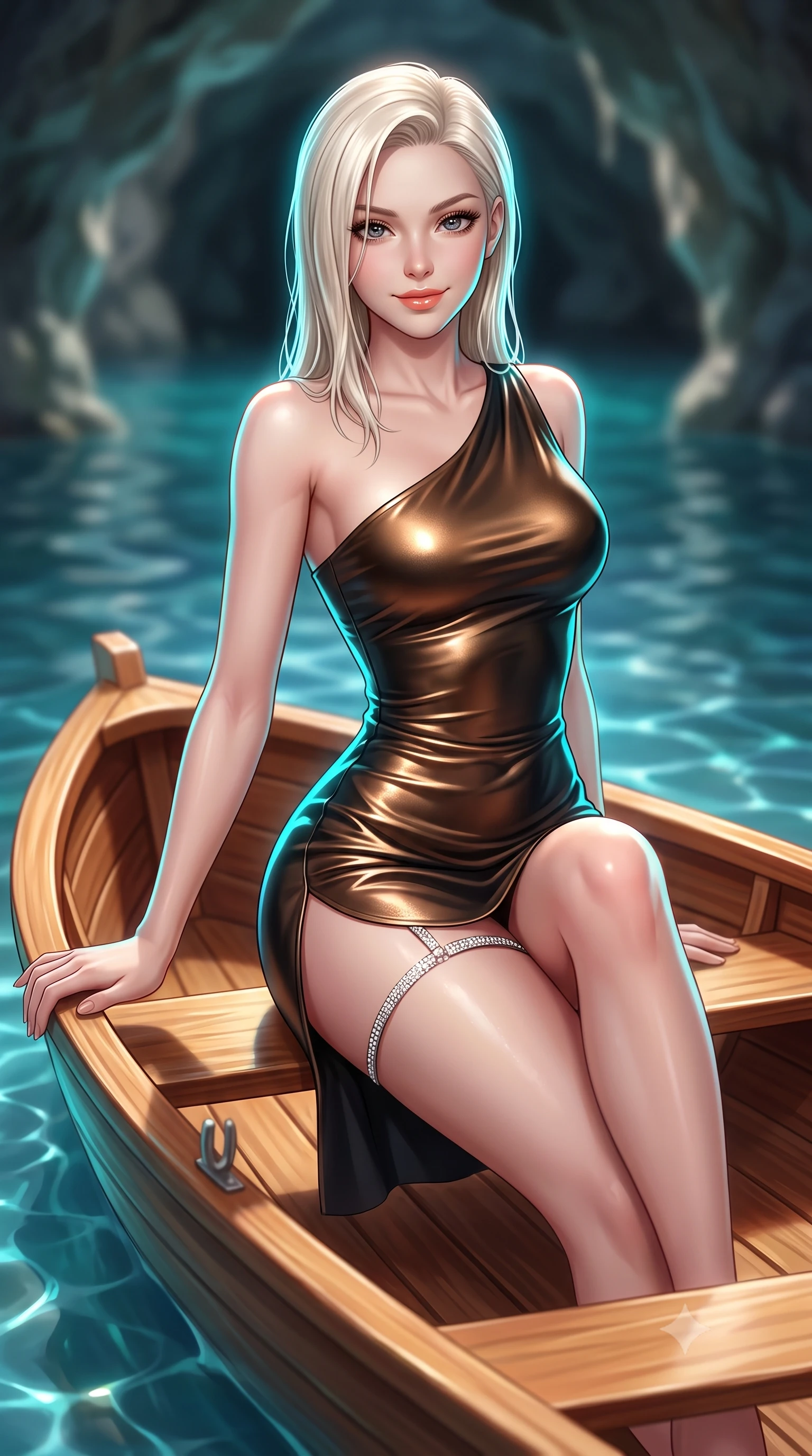 score_9, masterpiece, best quality, ultra-detailed, high-budget anime keyframe, semi-realistic 3D game render, editorial fashion photography, tasteful artistic composition, Caucasian woman. close-up cowboy shot from the waist and thighs up, the character dominates the composition, filling the frame with her large presence. perched sideways on the lounge seat, one knee drawn up to showcase her slender leg line while her arched back accentuates her feminine hip curve while reclining on the small wooden rowboat propped on one hand, her wet-look silhouette radiating supernatural Mediterranean beauty. The background shows a soft-focus grotto entrance ripples softened in mysterious maritime subterranean shallow focus. She has an exceptionally elegant, slender, and willowy female figure with an ultra-slim waist, flat toned midriff, narrow ribcage, and sculpted feminine hips creating an alluring, slim hourglass silhouette without bulk. sharp v-shaped jawline, high-bridge nose, sparkling eyes with hypnotic seductive depth, thick curled eyelashes, glossy parted lips with a natural dewy peach sheen, alluring bedroom-eyes with an enchanting coquettish smile, exuding magnetic siren charisma and sophisticated glamour, flawlessly proportioned anatomical accuracy, strict slender model proportions, natural body alignment, perfectly sculpted long slender limbs, ultra-slim waistline, clean dynamic posture without body distortion. wearing an asymmetric one-shoulder metallic leather mini dress with a dramatic side slit hugging her narrow waist and hips in metallic liquid bronze and Mojave obsidian black, woven from buttery-soft stretch lambskin leather adhering to her body like a second skin, finished with delicate crystal-encrusted thigh garter straps glinting in the sunlight, the form-contouring silhouette accentuating her sculpted flat midriff, narrow delicate ribcage, and gracefully curvy hips with intoxicating allure. illuminated by aquatic caustic reflections and sharp electric-cyan rim lights sculpting her jawline, ultra-slim waist, and curvy hips. highly saturated vibrant anime colors, detailed shading with soft gradients, rich glossy textures, high-contrast stereoscopic depth, volumetric dynamic lighting, master piece, 9:16 ratio