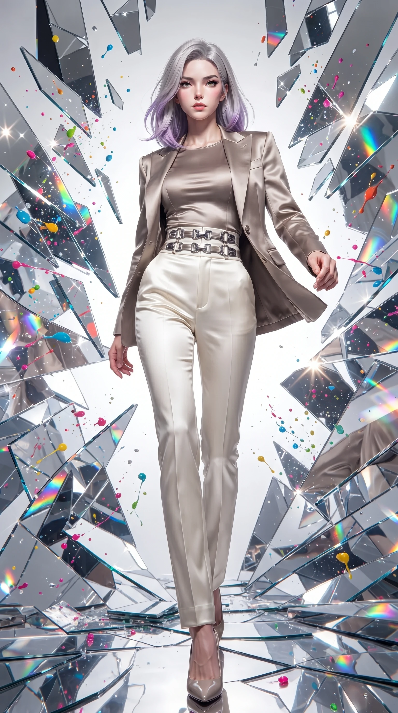 score_9, masterpiece, best quality, ultra-detailed, high-budget anime keyframe, editorial fashion photography, tasteful artistic composition, Caucasian woman. low angle full-body shot from head to toe showing her feet, filling the entire 9:16 vertical frame with her statuesque presence, stretching her vertical silhouette. forging dynamically through the scene, her vertical silhouette beautifully stretched surrounded by rotating shattered mirror sculptures reflecting bright acrylic colors, vibrant paint droplets frozen in time casting specular highlights. She has an absolutely perfect, statuesque 8.5-heads proportion, an exceptionally tall and slender model-like female figure with impossibly long slender legs and an ultra-slim waist. sharp v-shaped jawline, high-bridge nose, intricate jewel-like eyes with depth, thick eyelashes, glossy lips with a natural sheen. wearing a tailored silk blazer over a form-contouring top and fitted slacks in muted taupe and soft ivory, crafted from smooth liquid silk, detailed with polished silver buckles along the waistline, the glove-like fit emphasizing her statuesque silhouette. drenched in bright white key light with colorful prismatic rim lighting. ultra-reflective glossy finish, specular highlights, metallic sheen, high-contrast stereoscopic depth, volumetric dynamic lighting, 2k, ultra detail, master piece, 9:16 ratio