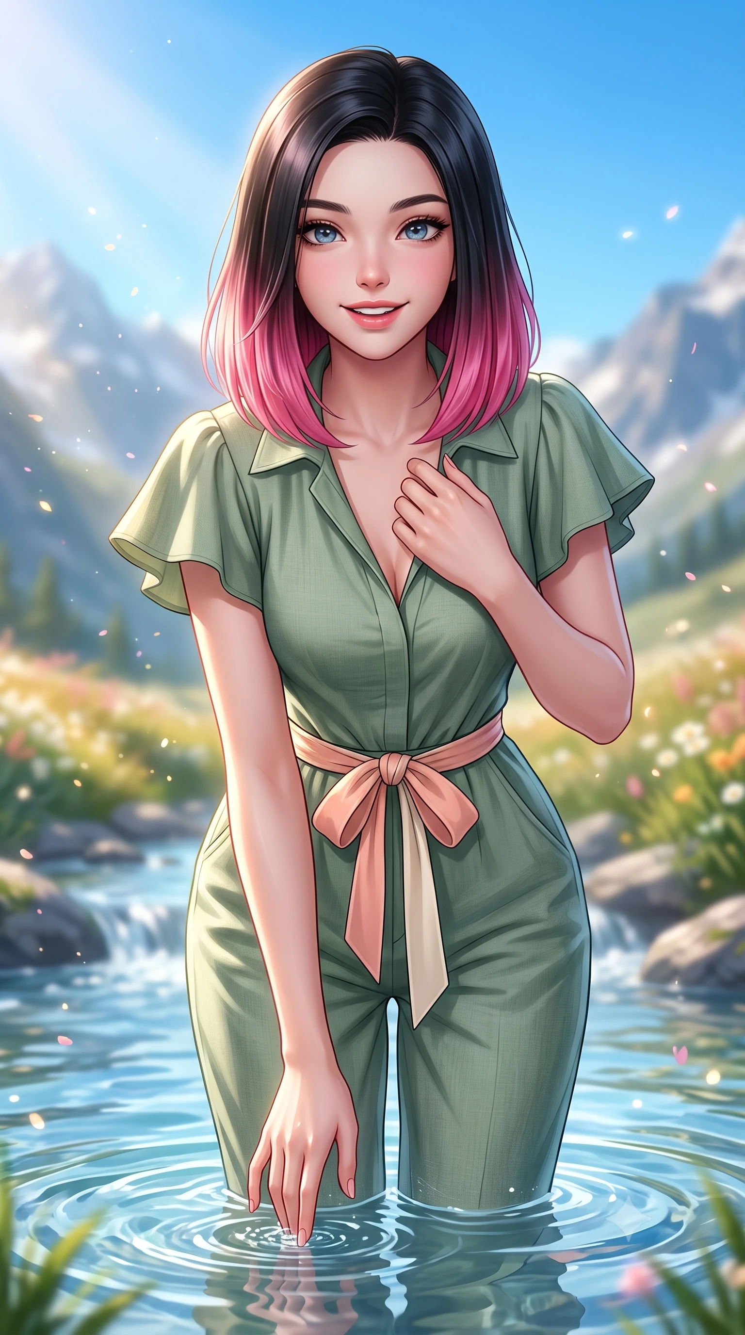 score_9, masterpiece, best quality, ultra-detailed, high-budget anime keyframe, semi-realistic 3D game render, editorial fashion photography, tasteful artistic composition, Korean woman. close-up cowboy shot from the waist and thighs up, the character dominates the composition, filling the frame with her large presence. holding her hands loosely near her heart with an enchanting, affectionate gaze looking directly into the lens while dipping her fingertips playfully into a crystal-clear glacial mountain stream, her expression sparkling with pure delight. The composition keeps background elements in soft focus with creamy bokeh. sparkling mountain breeze sunbeams and floating flower pollen scattering warm dreamy light motes. She has an exceptionally elegant, slender, and willowy female figure with an ultra-slim waist, a gracefully sculpted slender torso, toned flat midriff, and a refined slim silhouette. sharp v-shaped jawline, high-bridge nose, intricate jewel-like eyes with depth, thick eyelashes, glossy lips with a natural sheen, pure and lovely fresh girlhood expression, flawlessly proportioned anatomical accuracy, strict slender model proportions, natural body alignment, perfectly sculpted long slender limbs, ultra-slim waistline, clean dynamic posture without body distortion. wearing a relaxed sage green linen jumpsuit with a tied waist sash and folded collar in warm peach blossom pink and champagne ivory, made of comfortable premium stretch denim and airy cotton-jersey, featuring elegant flutter sleeves and a graceful open collar, the chic real-way fashion cut emphasizing her effortless charm, flat midriff, and slender model proportions. bathed in brilliant morning alpine sunshine and pure crystal-clear blue sky ambient illumination. highly saturated vibrant anime colors, detailed shading with soft gradients, rich glossy textures, high-contrast stereoscopic depth, volumetric dynamic lighting, master piece, 9:16 ratio