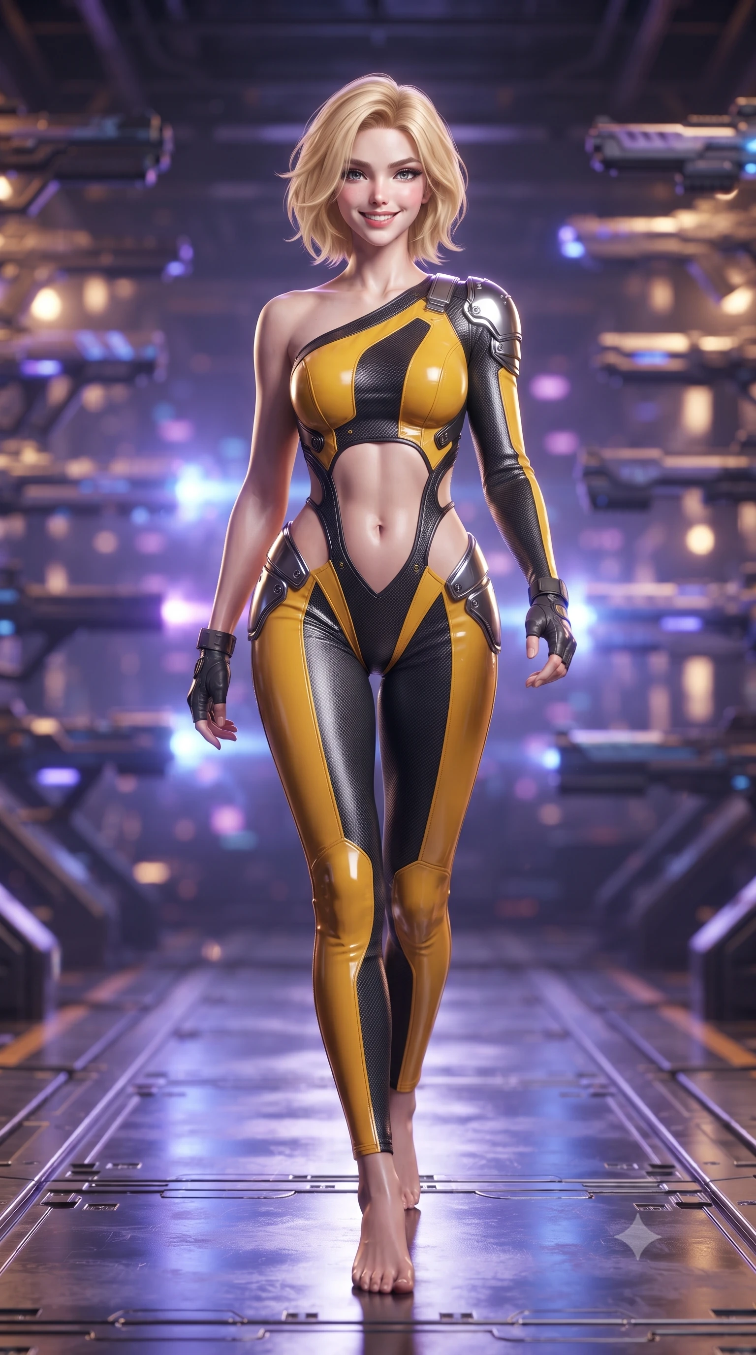 score_9, masterpiece, best quality, ultra-detailed, high-budget anime keyframe, editorial fashion photography, tasteful artistic composition, Caucasian woman. low angle full-body shot from head to toe showing her feet, filling the entire 9:16 vertical frame with her statuesque presence, stretching her vertical silhouette. striding forward gracefully across the reflective metal deck in mid-motion with a radiant beaming smile, hips swaying in an alluring kinetic rhythm that accentuates her curvy hourglass silhouette and long slender legs while sitting perched on an armored ammunition crate with one knee drawn up, her sleek tactical combat suit radiating powerful sensual charisma. The background shows a soft-focus hundreds of futuristic plasma carbines and heavy railguns locked in glowing charging bays blurred into violet, amber, and gunmetal bokeh. She has an absolutely perfect, statuesque 8.5-heads proportion, an exceptionally tall and slender model-like female figure with impossibly long slender legs, an ultra-slim waist, a flat toned midriff, narrow delicate ribcage, and beautifully sculpted feminine hips creating a graceful, slim hourglass silhouette without any bulky heaviness. sharp v-shaped jawline, high-bridge nose, intricate jewel-like sparkling eyes with depth, thick eyelashes, glossy parted lips with a natural sheen, bright confident smile with an enchanting and coquettish sensual glint, exuding both youthful magnetic charm and sovereign high-tech allure, flawlessly proportioned anatomical accuracy, strict slender model proportions, natural body alignment, perfectly sculpted long slender limbs, ultra-slim waistline, clean dynamic posture without body distortion. wearing an asymmetric one-shoulder combat catsuit with carbon-weave paneling and an open-waist architecture emphasizing her hips in industrial hazard yellow and matte carbon black, formed from supple thermal silicone composite adhering seamlessly like a second skin, accented with strategically placed chrome armor plate guards covering key curves, the precision-cut side openings and low-back scoop framing her graceful spine and the sensual sweep of her slim, toned hips. bathed in intense violet and electric blue plasma charging glow contrasting with industrial shadows. ultra-reflective glossy finish, specular highlights, rich textural contrasts, high-contrast stereoscopic depth, volumetric dynamic lighting, 2k, ultra detail, master piece, 9:16 ratio