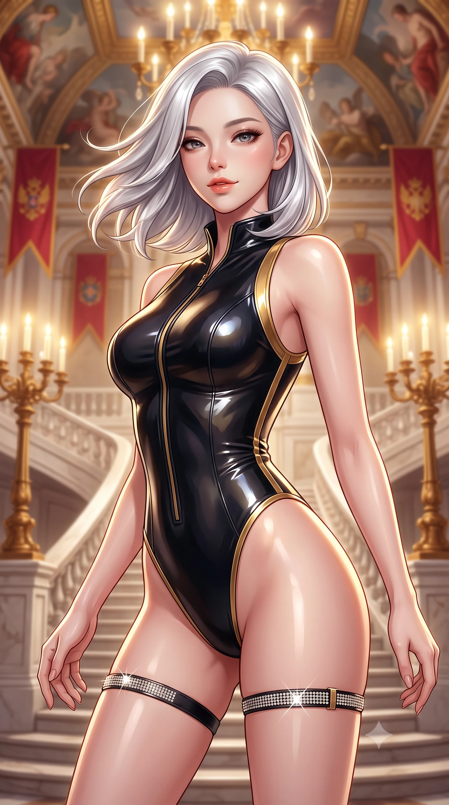 score_9, masterpiece, best quality, ultra-detailed, high-budget anime keyframe, semi-realistic 3D game render, editorial fashion photography, tasteful artistic composition, Korean woman. close-up cowboy shot from the waist and thighs up, the character dominates the composition, filling the frame with her large presence. turning slowly with an enchanting smoldering smile, her glossy hair tossing in the breeze as her hips angle gracefully in a captivating contrapposto while twisting her slender torso in an alluring S-curve, towering gilded torchères and ceiling frescoes reflecting off her narrow waist and curvy hips. The background shows a soft-focus monumental marble imperial staircase with double sweeping flights, soaring mythological ceiling frescoes, and imperial heraldic banners blurred into ivory, ruby, and gold bokeh. She has an exceptionally elegant, slender, and willowy female figure with an ultra-slim waist, flat toned midriff, narrow ribcage, and sculpted feminine hips creating an alluring, slim hourglass silhouette without bulk. sharp v-shaped jawline, high-bridge nose, sparkling eyes with hypnotic seductive depth, thick curled eyelashes, glossy parted lips with a natural dewy peach sheen, alluring bedroom-eyes with an enchanting coquettish smile, exuding magnetic siren charisma and sophisticated glamour, flawlessly proportioned anatomical accuracy, strict slender model proportions, natural body alignment, perfectly sculpted long slender limbs, ultra-slim waistline, clean dynamic posture without body distortion. wearing a form-contouring wet-look neoprene zip-front maillot with high-cut leg openings and gold racing side trims in Shanghai Art Deco black and polished brass gold, crafted from wet-look high-gloss vinyl fabric with dazzling specular surface reflections, finished with delicate crystal-encrusted thigh garter straps glinting in the dim light, the second-skin tailored fabric adhering flawlessly to her sculpted flat midriff and slender torso, emphasizing her long leg lines and perfectly proportioned willowy build. bathed in warm golden light from towering bronze candelabras and overhead palace chandeliers. highly saturated vibrant anime colors, detailed shading with soft gradients, rich glossy textures, high-contrast stereoscopic depth, volumetric dynamic lighting, master piece, 9:16 ratio