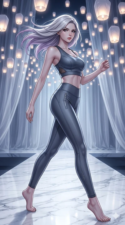 score_9, masterpiece, best quality, ultra-detailed, high-budget anime keyframe, editorial fashion photography, tasteful artistic composition, Caucasian woman, strictly human ears. low angle full-body shot from head to toe showing her feet, filling th