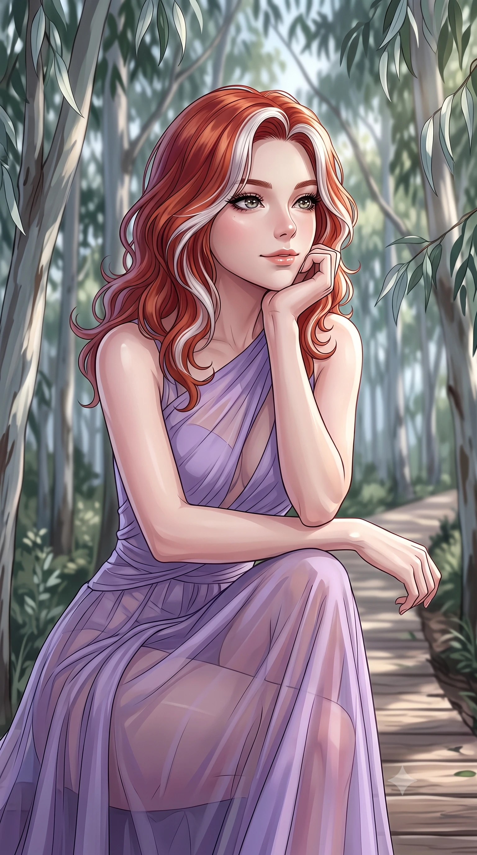 score_9, masterpiece, best quality, ultra-detailed, high-budget anime keyframe, editorial fashion photography, tasteful artistic composition, Caucasian woman woman. close-up cowboy shot from the waist and thighs up, the character dominates the composition, filling the frame with her large presence, background elements kept in soft focus. resting her chin on her hand, looking out at the beautiful scenery with a soft smile the background shows a soft-focus a wooden path lined with tall eucalyptus trees, their silver leaves rustling in the breeze. She has an exceptionally elegant, slender, and willowy female figure with an ultra-slim waist, a gracefully sculpted slender torso, and a refined silhouette. sharp v-shaped jawline, high-bridge nose, intricate jewel-like eyes with depth, thick eyelashes, glossy lips with a natural sheen. wearing a tailored semi-transparent chiffon maxi dress in lavender, showing her silhouette through the sheer fabric. soft afternoon sunbeams coloring the path in cool silver and green. 2k, ultra detail, master piece, 9:16 ratio