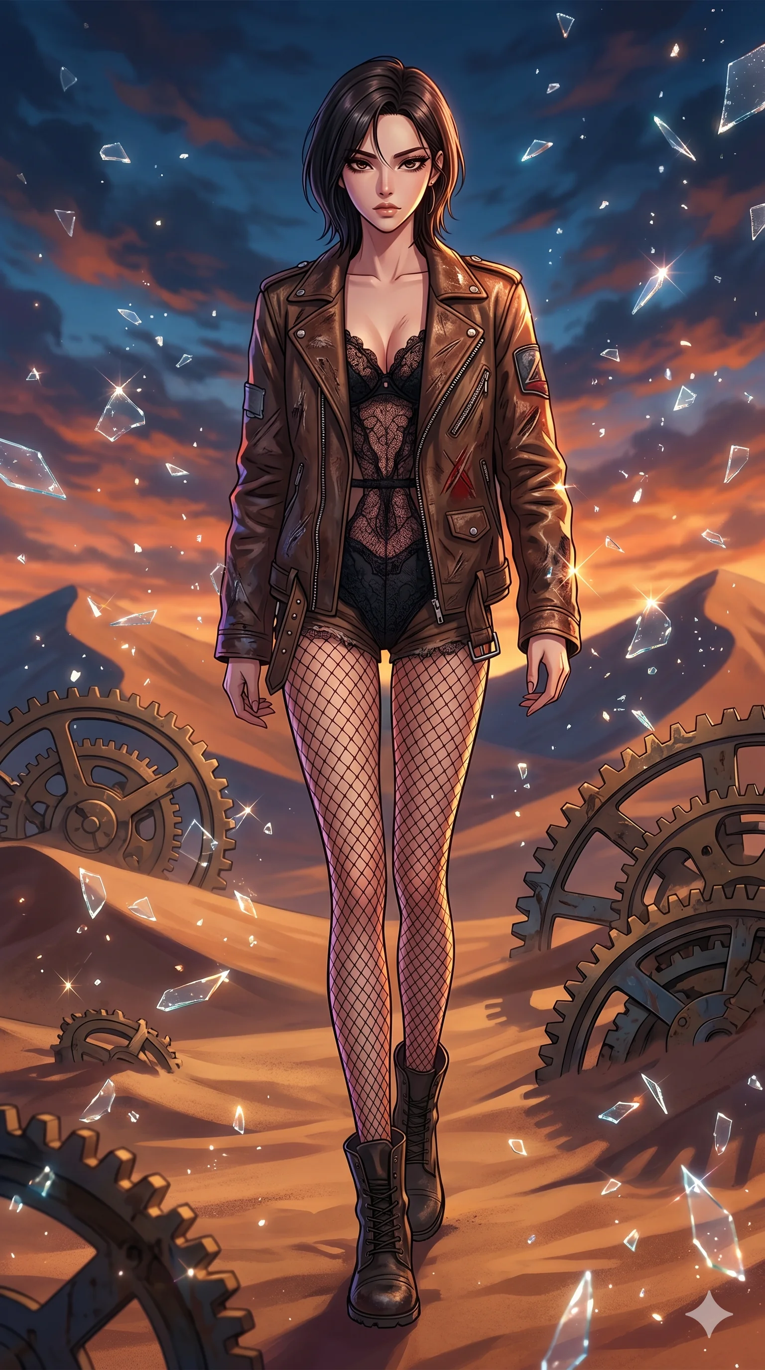 score_9, masterpiece, best quality, ultra-detailed, Set A: High-budget Anime Keyframe, Korean woman. Upper body close-up from the thighs up, character filling the screen for maximum presence. Walking gracefully through a clockwork desert, with a look of intense determination reflecting the fires of 147 and surrounded by shattered glass fragments. She has an absolutely perfect 8-heads proportion, an exceptionally tall and slender female figure with impossibly long slender legs and an ultra-slim waist. Sharp v-shaped jawline, high-bridge nose, intricate jewel-like eyes with depth, thick eyelashes, glossy lips with a natural sheen. Wearing Distressed leather jacket over a delicate lace teddy and fishnet stockings. Cinematic lighting, vibrant colors, dramatic shadows, 2k, ultra detail, master piece, 9:16 ratio