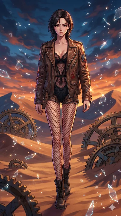 score_9, masterpiece, best quality, ultra-detailed, Set A: High-budget Anime Keyframe, Korean woman. Upper body close-up from the thighs up, character filling the screen for maximum presence. Walking gracefully through a clockwork desert, with a look