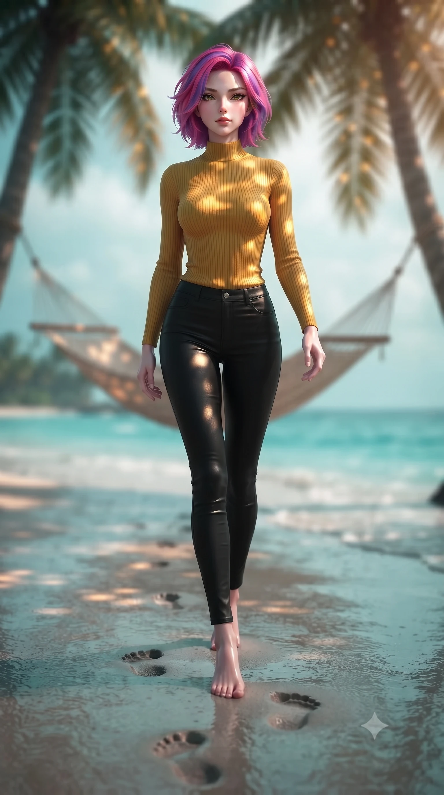 score_9, masterpiece, best quality, ultra-detailed, high-budget anime keyframe, editorial fashion photography, tasteful artistic composition, Caucasian woman woman. low angle full-body shot from head to toe showing her feet, filling the entire 9:16 vertical frame with her statuesque presence, stretching her vertical silhouette. walking slowly along the shoreline, leaving footprints in the wet sand the background shows a soft-focus a cozy hammock strung between two palm trees on a sandy beach, with turquoise water in soft focus. She has an absolutely perfect, statuesque 8.5-heads proportion, an exceptionally tall and slender model-like female figure with impossibly long slender legs and an ultra-slim waist. sharp v-shaped jawline, high-bridge nose, intricate jewel-like eyes with depth, thick eyelashes, glossy lips with a natural sheen. wearing a tailored tight-fitting ribbed mock-neck top in mustard yellow paired with black skinny pants. dappled sunlight filtering through the palm fronds and creating warm patches. ultra-reflective glossy finish, specular highlights, metallic sheen, high-contrast stereoscopic depth, volumetric dynamic lighting, 2k, ultra detail, master piece, 9:16 ratio