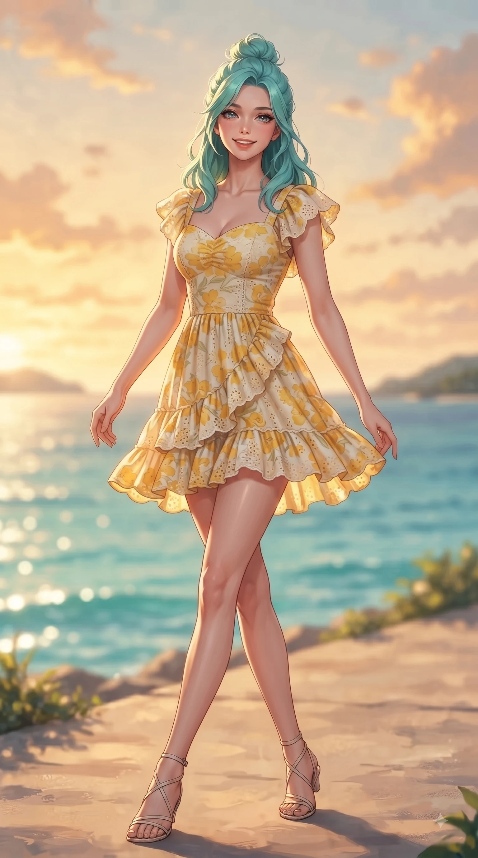 score_9, masterpiece, best quality, ultra-detailed, high-budget anime keyframe, editorial fashion photography, tasteful artistic composition, Japanese woman. low angle full-body shot from head to toe showing her feet, filling the entire 9:16 vertical frame with her statuesque presence, stretching her vertical silhouette. pivoting dynamically with a fresh infectious smile, her ultra-slim waist creating a sweeping fluid curve while taking a stroll along a quiet island seaside path as golden sunlight illuminates her fresh beauty. The composition keeps background elements in soft focus with dreamy bokeh. sparkling turquoise sea waves and distant island horizons blurred into smooth ocean bokeh. She has an absolutely perfect, statuesque 8.5-heads proportion, an exceptionally tall and slender model-like female figure with impossibly long slender legs and an ultra-slim waist. sharp v-shaped jawline, high-bridge nose, intricate jewel-like eyes with depth, thick eyelashes, glossy lips with a natural sheen, flawlessly proportioned anatomical accuracy, natural body alignment, perfectly sculpted elegant limbs, clean dynamic posture without body distortion. wearing a bright floral print ruffle sundress with a gentle sweetheart neckline in bright butter yellow and fresh cream white, woven with delicate eyelet lace and soft cotton, featuring elegant flutter sleeves and a graceful square neckline, the relaxed yet flattering fit accentuating her naturally graceful and slender figure. illuminated by a glorious golden hour sunburst painting the clouds in joyful peach and amber. ultra-reflective glossy finish, specular highlights, metallic sheen, high-contrast stereoscopic depth, volumetric dynamic lighting, 2k, ultra detail, master piece, 9:16 ratio