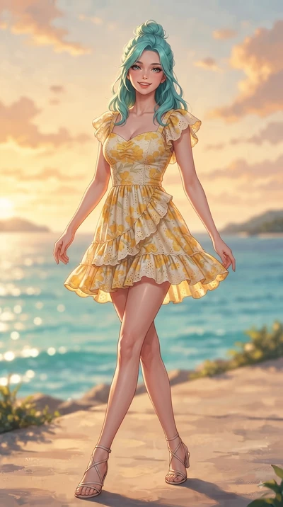 score_9, masterpiece, best quality, ultra-detailed, high-budget anime keyframe, editorial fashion photography, tasteful artistic composition, Japanese woman. low angle full-body shot from head to toe showing her feet, filling the entire 9:16 vertical