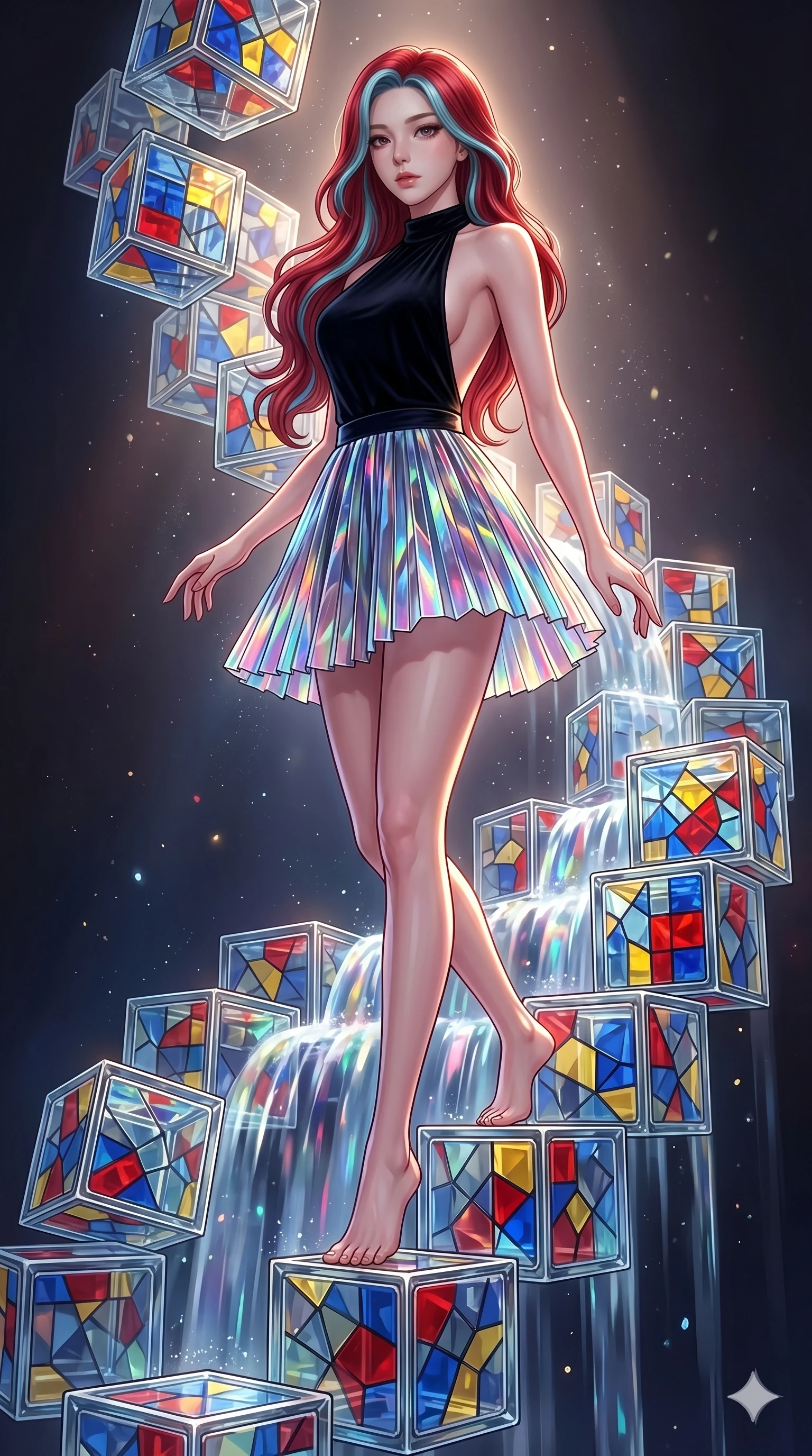 score_9, masterpiece, best quality, ultra-detailed, high-budget anime keyframe, Korean woman. low angle full-body shot filling the entire 9:16 frame with her statuesque presence, stretching the vertical silhouette. balancing on cubist glass blocks that cascade like a waterfall, reflecting complex mosaic patterns and primary colors. She has an absolutely perfect 8-heads proportion, an exceptionally tall and slender female figure with impossibly long slender legs and an ultra-slim waist. V-shaped jawline, high-bridge nose, intricate jewel-like eyes with depth, thick eyelashes, glossy lips with a natural sheen.. wearing a fractal glass pleated skirt and a backless black velvet halter neck top, creating a dramatic and elegant silhouette. illuminated by dramatic chiaroscuro casting soft shadows along her curves, with vibrant backlighting highlighting the dust particles. 2k, ultra detail, master piece, 9:16 ratio