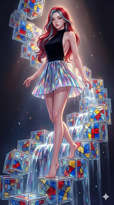 score_9, masterpiece, best quality, ultra-detailed, high-budget anime keyframe, Korean woman. low angle full-body shot filling the entire 9:16 frame with her statuesque presence, stretching the vertical silhouette. balancing on cubist glass blocks th
