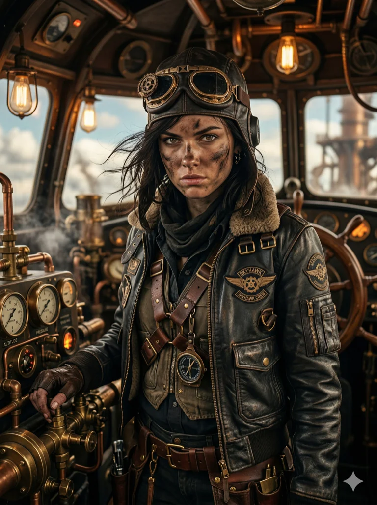 (masterpiece:1.2), best quality, steampunk aesthetic, (1girl:1.2), beautiful pilot, leather aviator cap, brass goggles on forehead, face smudged with soot, determined look, (vintage warm lighting:1.1), 2k, ultra detail, 3:4 ratio