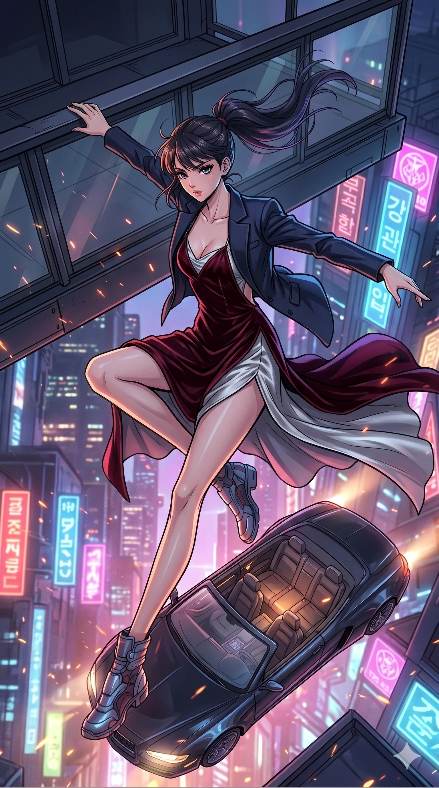 score_9, masterpiece, best quality, ultra-detailed, high-budget anime movie keyframe, cinematic anime lighting, intricate line art, Korean woman. Extreme high angle shot as she leaps towards the camera, filling the frame. leaping from a high-rise balcony into a waiting hover-limo. She has an absolutely perfect 8-heads proportion, an exceptionally tall and slender female figure with an ultra-slim waist and impossibly long slender legs. strictly human anatomy, two legs only, no extra limbs, clearly defined legs and arms, perfect anatomy, perfect hands and fingers. sharp v-shaped jawline, high-bridge nose, intricate jewel-like eyes, thick eyelashes, glossy lips. Wearing High-Fashion Editorial: Silk slip dress with high side slit, backless velvet gown, and structured blazer with nothing underneath. The scene is illuminated by dramatic atmospheric lighting and vibrant color palettes. , 2k, ultra detail, master piece, 9:16 ratio