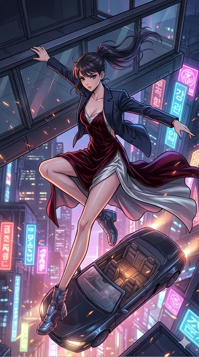 score_9, masterpiece, best quality, ultra-detailed, high-budget anime movie keyframe, cinematic anime lighting, intricate line art, Korean woman. Extreme high angle shot as she leaps towards the camera, filling the frame. leaping from a high-rise bal