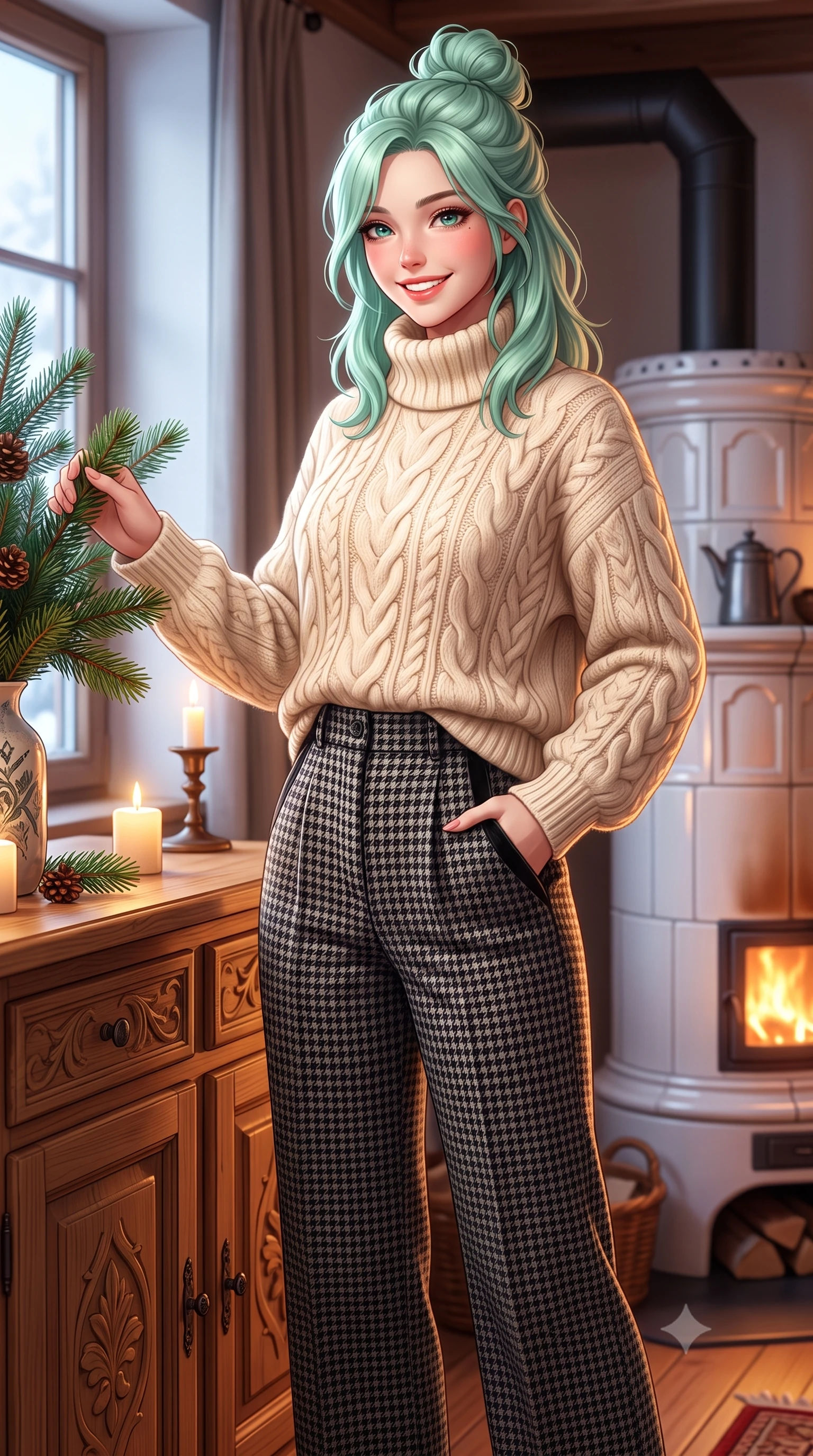 score_9, masterpiece, best quality, ultra-detailed, high-budget anime keyframe, semi-realistic 3D game render, editorial fashion photography, tasteful artistic composition, Japanese woman. close-up cowboy shot from the waist and thighs up, the character dominates the composition, filling the frame with her large presence. standing poised with one hand slipped into her tailored trouser pocket, head tilted in a friendly, engaging expression while standing poised at the hand-carved Arvenholz pine dining credenza, arranging fragrant winter pine branches with graceful domestic poise. The surrounding environment is rendered in vivid detail and crisp panoramic clarity: detailed roll-neck cashmere sweater weave, tailored corduroy trouser ribs, and master alpine joinery in high resolution. She has an exceptionally elegant, slender, and willowy female figure with an ultra-slim waist, flat toned midriff, narrow ribcage, and sculpted feminine hips creating an alluring, slim hourglass silhouette without bulk. sharp v-shaped jawline, high-bridge nose, intricate jewel-like sparkling eyes with depth, thick eyelashes, glossy parted lips with a natural peach sheen, bright cheerful beaming smile with an enchanting and coquettish sensual glint, exuding both youthful cute charm and seductive allure, flawlessly proportioned anatomical accuracy, strict slender model proportions, natural body alignment, perfectly sculpted long slender limbs, ultra-slim waistline, clean dynamic posture without body distortion. wearing an oversized chunky cable-knit cashmere roll-neck sweater paired with brushed wool flannel wide-leg trousers in classic Savile Row charcoal houndstooth and crisp ivory, crafted from rich cotton velvet with deep light-absorbing pile and soft gradients, complemented by classic polished leather oxfords with brogue perforations, the bespoke architectural tailoring hugging her natural waistline with sartorial precision, creating a clean graceful hourglass silhouette with tall model elegance. bathed in cozy 2700K warm ambient candlelight and soft porcelain stove radiance combined with cool winter window light. highly saturated vibrant anime colors, detailed shading with soft gradients, rich glossy textures, high-contrast stereoscopic depth, volumetric dynamic lighting, master piece, 9:16 ratio