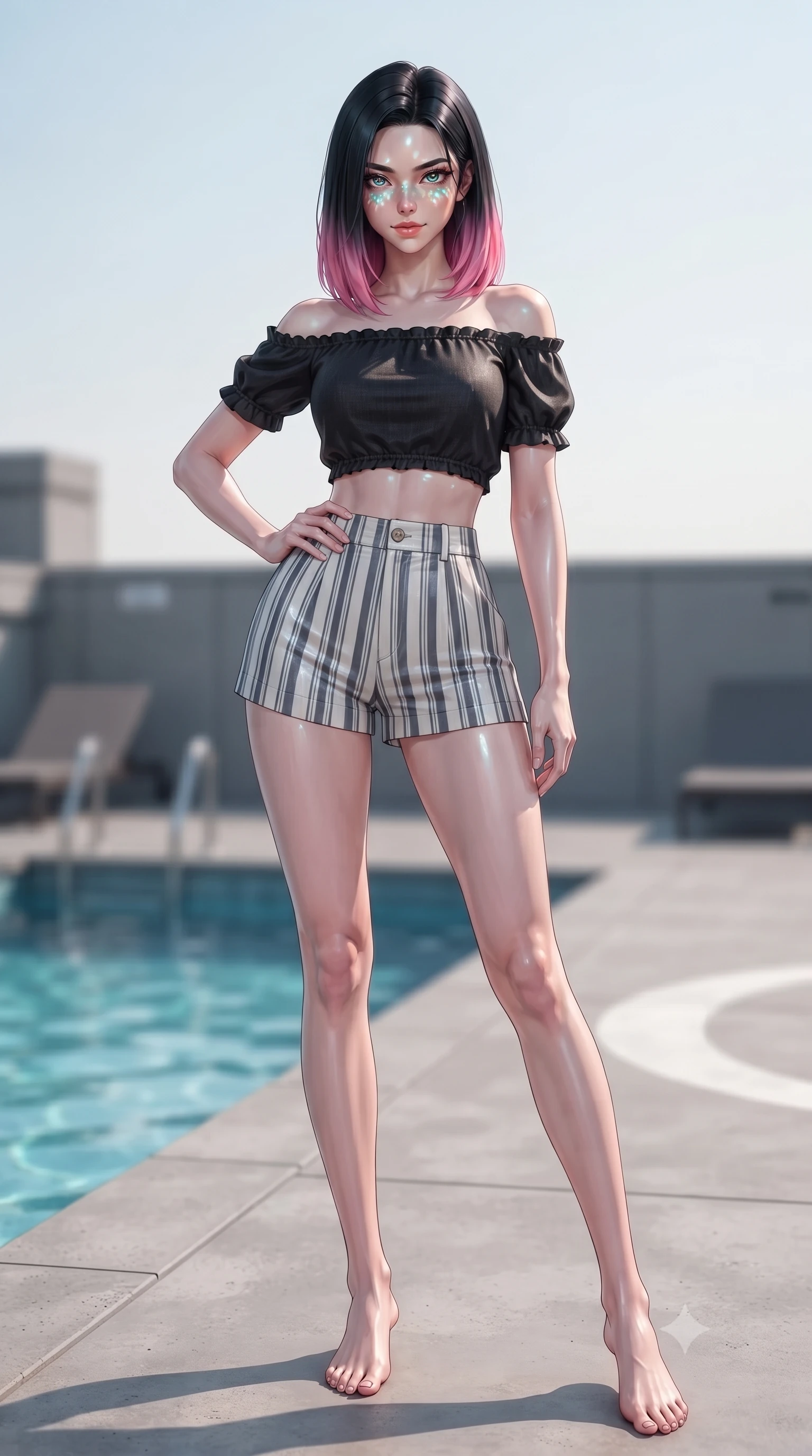 score_9, masterpiece, best quality, ultra-detailed, high-budget anime keyframe, editorial fashion photography, tasteful artistic composition, Korean woman. low angle full-body shot from head to toe showing her feet, filling the entire 9:16 vertical frame with her statuesque presence, stretching her vertical silhouette. posing confidently with one hand on her hip, stretching her statuesque body to emphasize her curves the background shows a soft-focus a concrete helipad deck next to a private swimming pool on a rooftop. She has an absolutely perfect, statuesque 8.5-heads proportion, an exceptionally tall and slender model-like female figure with impossibly long slender legs and an ultra-slim waist. sharp v-shaped jawline, high-bridge nose, intricate jewel-like eyes with depth, thick eyelashes, glossy lips with a natural sheen. wearing a slim-fit chic off-shoulder crop top in black linen, paired with high-waisted striped resort shorts. shifting aqua light reflections from the pool water mapping across her features. ultra-reflective glossy finish, specular highlights, metallic sheen, high-contrast stereoscopic depth, volumetric dynamic lighting, 2k, ultra detail, master piece, 9:16 ratio