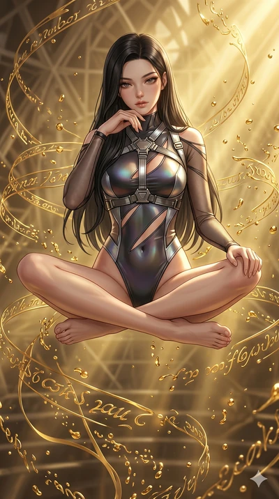 score_9, masterpiece, best quality, ultra-detailed, high-budget anime keyframe, Korean woman. Upper body close-up from the thighs up, character filling the screen for maximum presence. She is sitting cross-legged mid-air, levitating amidst swirling g