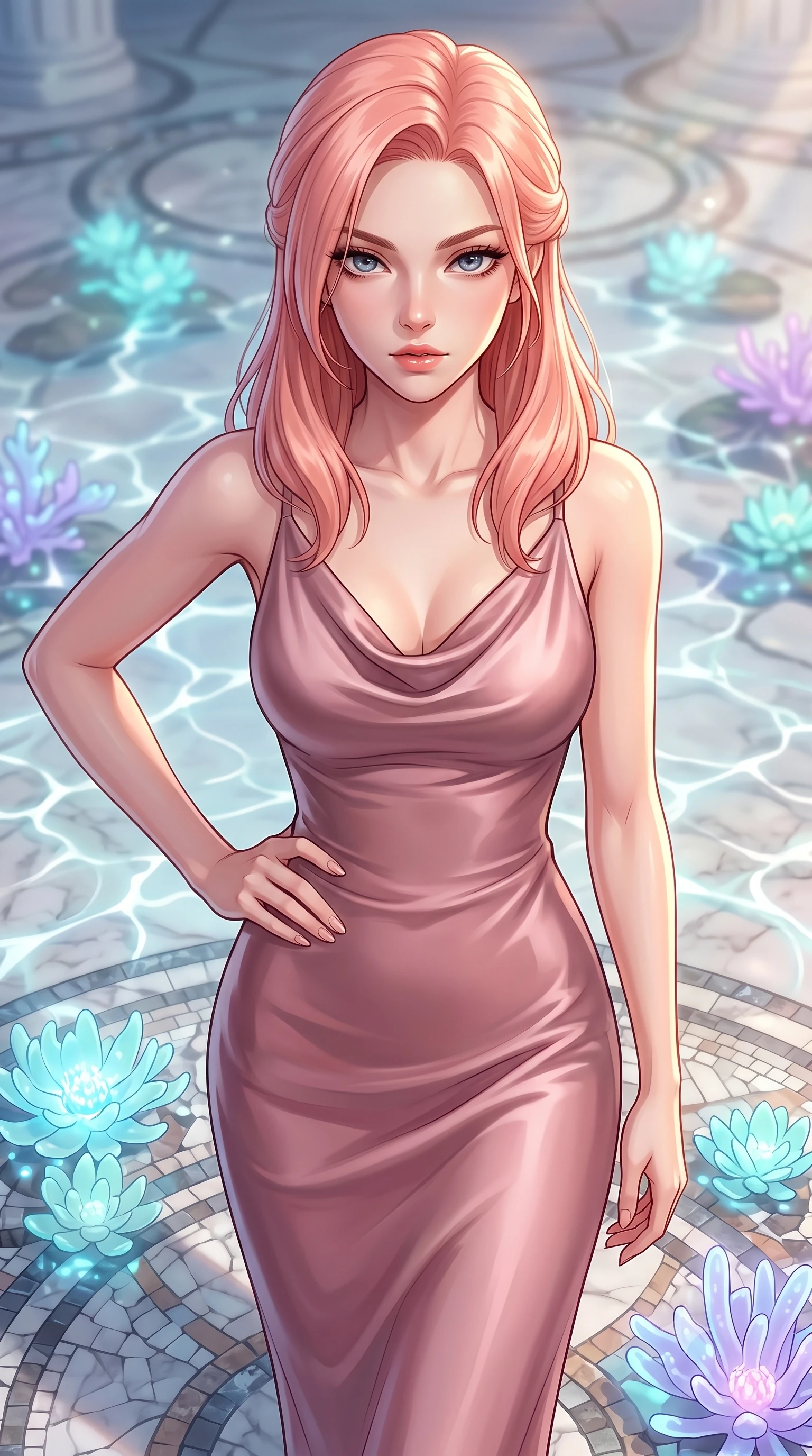 score_9, masterpiece, best quality, ultra-detailed, high-budget anime keyframe, editorial fashion photography, tasteful artistic composition, Japanese woman. close-up cowboy shot from the waist and thighs up, the character dominates the composition, filling the frame with her large presence, background elements kept in soft focus. Holding a confident power pose with one hand on her hip, gazing directly into the camera with quiet intensity gliding over a mosaic marble floor illuminated by caustic water ripples, glowing coral blossoms emitting soft aqua and lavender light. She has an exceptionally elegant, slender, and willowy female figure with an ultra-slim waist, a gracefully sculpted slender torso, and a refined silhouette. sharp v-shaped jawline, high-bridge nose, intricate jewel-like eyes with depth, thick eyelashes, glossy lips with a natural sheen. wearing an elegant cowl-neck satin midi dress in dusty rose with a graceful draped neckline, the sleek second-skin texture accentuating her magnetic presence. lit by clear sun-drenched sea light with soft ethereal shadows. highly saturated vibrant anime colors, detailed shading with soft gradients, rich glossy textures, high-contrast stereoscopic depth, volumetric dynamic lighting, master piece, 9:16 ratio