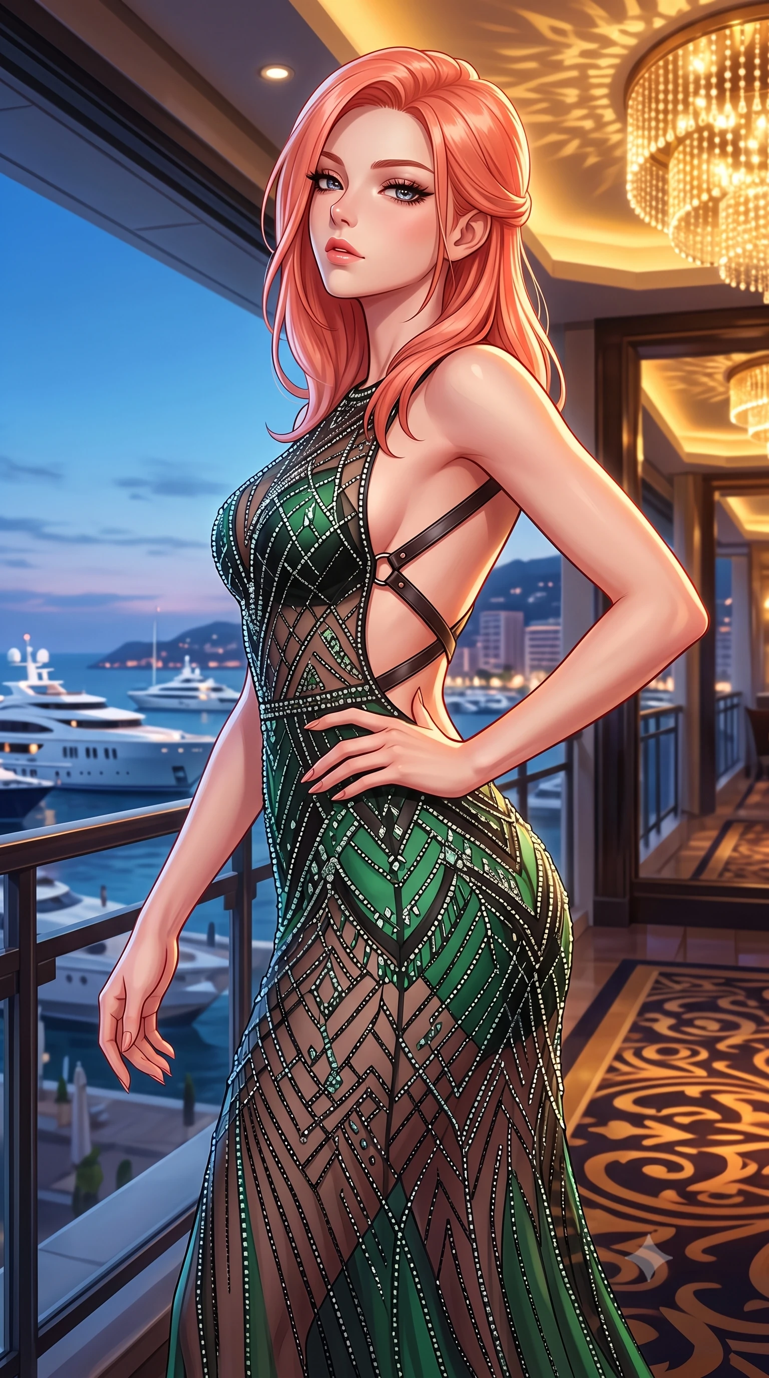 score_9, masterpiece, best quality, ultra-detailed, high-budget anime keyframe, semi-realistic 3D game render, editorial fashion photography, tasteful artistic composition, Japanese woman. close-up cowboy shot from the waist and thighs up, the character dominates the composition, filling the frame with her large presence. tilting her chin up with proud, sovereign allure while gazing through thick eyelashes, one hand resting on her waist in pure supermodel charisma while striding dynamically along the marina balcony as superyacht horns echo below, her glittering backless dress tightly hugging her feminine curves. The surrounding environment is rendered in vivid detail and crisp panoramic clarity. rich high-contrast French Riviera chiaroscuro and ultra-luxury jet-set elegance rendered with precision. She has an exceptionally elegant, slender, and willowy female figure with an ultra-slim waist, a gracefully sculpted slender torso, toned flat midriff, and rounded feminine hips creating an alluring hourglass silhouette. sharp v-shaped jawline, high-bridge nose, intricate jewel-like eyes with depth, thick eyelashes, glossy parted lips with a natural sheen, intensely captivating and seductive bedroom-eyes expression, flawlessly proportioned anatomical accuracy, strict slender model proportions, natural body alignment, perfectly sculpted long slender limbs, ultra-slim waistline, clean dynamic posture without body distortion. wearing a sheer vintage mesh evening gown adorned with intricate geometric crystal beadwork over an opaque slip in high-contrast black and crisp casino green, made of liquid silk jersey adhering flawlessly to her slender build, featuring an open-back criss-cross harness strap in dark leather, the precision-cut side openings and low-back scoop framing her graceful spine and the sensual sweep of her hips. bathed in opulent golden casino chandelier light and cool Mediterranean twilight ambient fill. highly saturated vibrant anime colors, detailed shading with soft gradients, rich glossy textures, high-contrast stereoscopic depth, volumetric dynamic lighting, master piece, 9:16 ratio