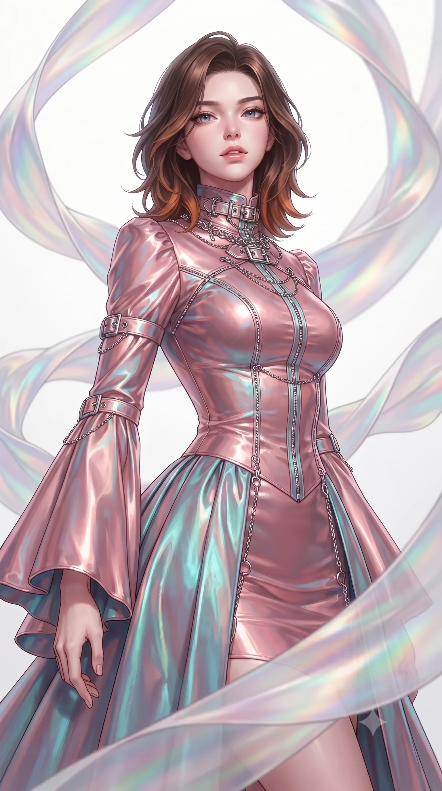 score_9, masterpiece, best quality, ultra-detailed, high-budget anime keyframe, editorial fashion photography, tasteful artistic composition, Korean woman. close-up cowboy shot from the waist and thighs up, the character dominates the composition, filling the frame with her large presence, background elements kept in soft focus. Tilting her chin up slightly with lips parted in a composed, magnetic expression, inside a minimalist white void filled with floating ribbons of iridescent opal silk, zero-gravity fabric movement paths creating dynamic lead lines. She has an exceptionally elegant, slender, and willowy female figure with an ultra-slim waist, a gracefully sculpted slender torso, and a refined silhouette. sharp v-shaped jawline, high-bridge nose, intricate jewel-like eyes with depth, thick eyelashes, glossy lips with a natural sheen. wearing gothic high-collar rose-gold silk evening gown with long bell sleeves in rose-gold pink, made of iridescent turquoise taffeta, framed by polished silver buckles and delicate chain details, accentuating her gracefully sculpted slender torso. illuminated by soft multi-color rainbow light refracting through opal silk. ultra-reflective glossy finish, specular highlights, metallic sheen, high-contrast stereoscopic depth, volumetric dynamic lighting, 2k, ultra detail, master piece, 9:16 ratio