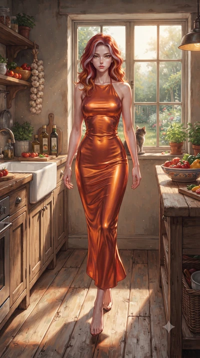 score_9, masterpiece, best quality, ultra-detailed, high-budget anime keyframe, editorial fashion photography, tasteful artistic composition, Caucasian woman woman. low angle full-body shot from head to toe showing her feet, filling the entire 9:16 v
