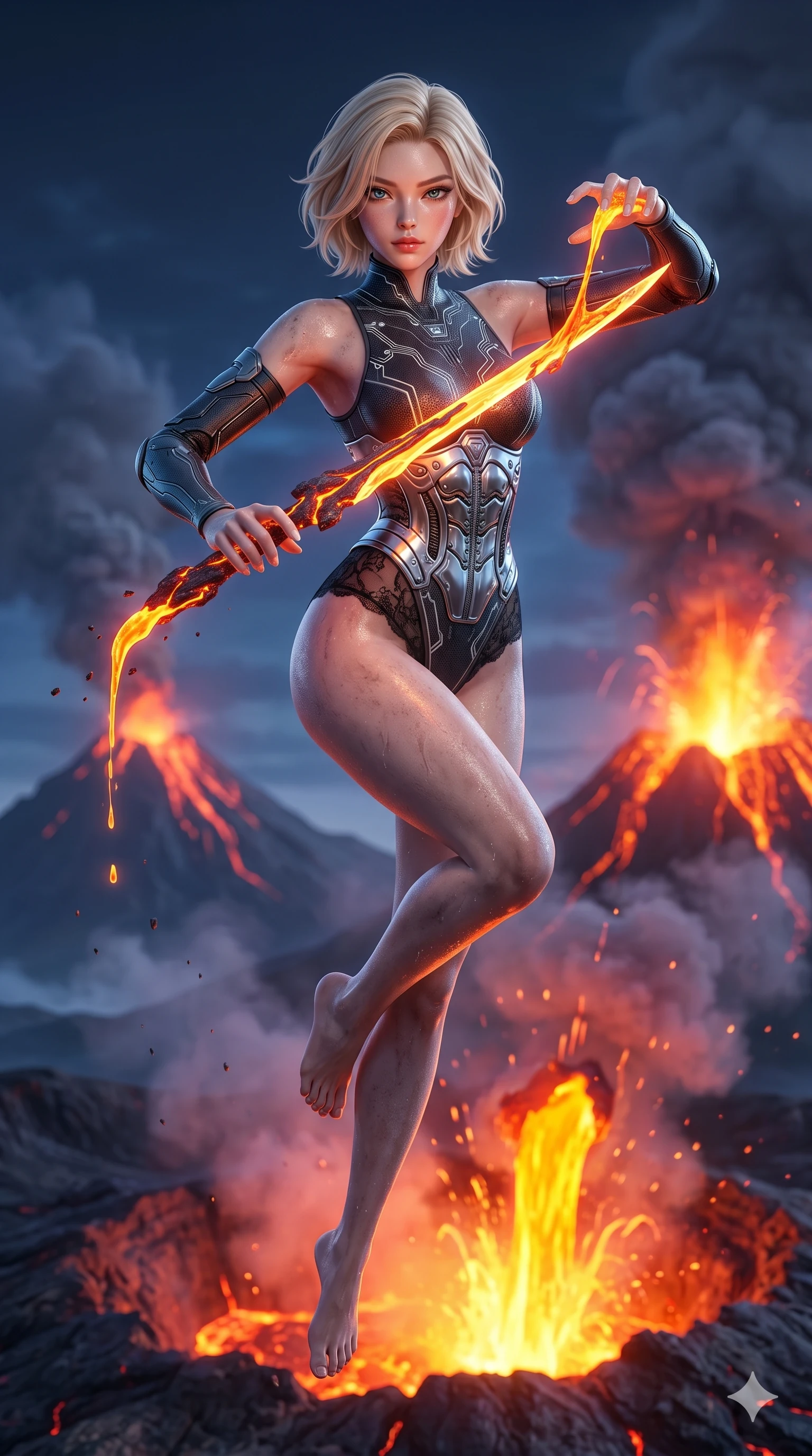 score_9, masterpiece, best quality, ultra-detailed, photorealistic 8k CG, hyper-detailed textures, ray-tracing, Korean woman. Mid-air action shot capturing a graceful twist and vertical silhouette. manipulating the heat of a volcano to forge a new weapon. She has an absolutely perfect 8-heads proportion, an exceptionally tall and slender female figure with graceful and slender proportions. strictly human anatomy, two legs only, no extra limbs, clearly defined legs and arms, perfect anatomy, perfect hands and fingers. sharp v-shaped jawline, high-bridge nose, intricate jewel-like eyes, thick eyelashes, glossy lips. Wearing Cyber-Tech Legacy: Asymmetrical sleek tech-bodysuit with detached sleeves and chrome-plated corset over sheer lace. The scene is illuminated by dramatic atmospheric lighting and vibrant color palettes. , 2k, ultra detail, master piece, 9:16 ratio