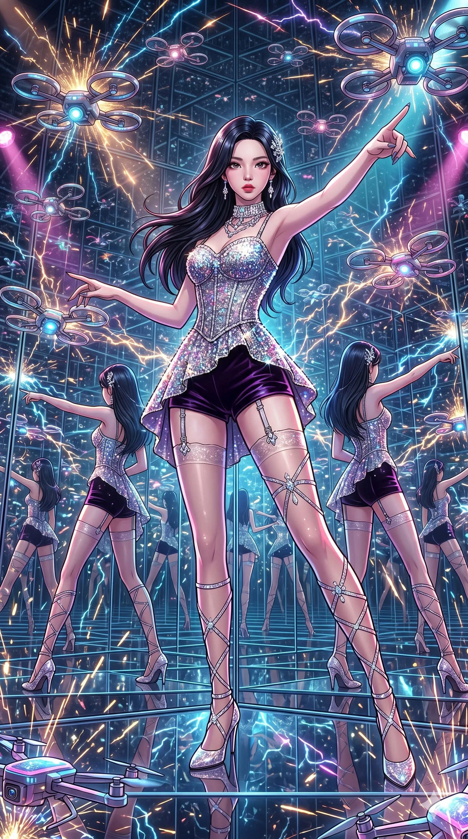 score_9, masterpiece, best quality, ultra-detailed, high-budget anime movie keyframe, cinematic anime lighting, intricate line art, Korean woman. Dynamic full-body shot stretching the vertical silhouette across the 9:16 frame. commanding a drone swarm in a infinite mirror maze in a storm of sparks. She has an absolutely perfect 8-heads proportion, an exceptionally tall and slender female figure with an ultra-slim waist and impossibly long slender legs. sharp v-shaped jawline, high-bridge nose, intricate jewel-like eyes, thick eyelashes, glossy lips. Wearing luxurious K-pop idol stage outfit featuring a sparkling sequined corset, high-cut velvet shorts, and sheer silk stockings with garter belts, accessorized with crystal chokers. The scene is illuminated by dramatic atmospheric lighting and vibrant color palettes. , 2k, ultra detail, master piece, 9:16 ratio