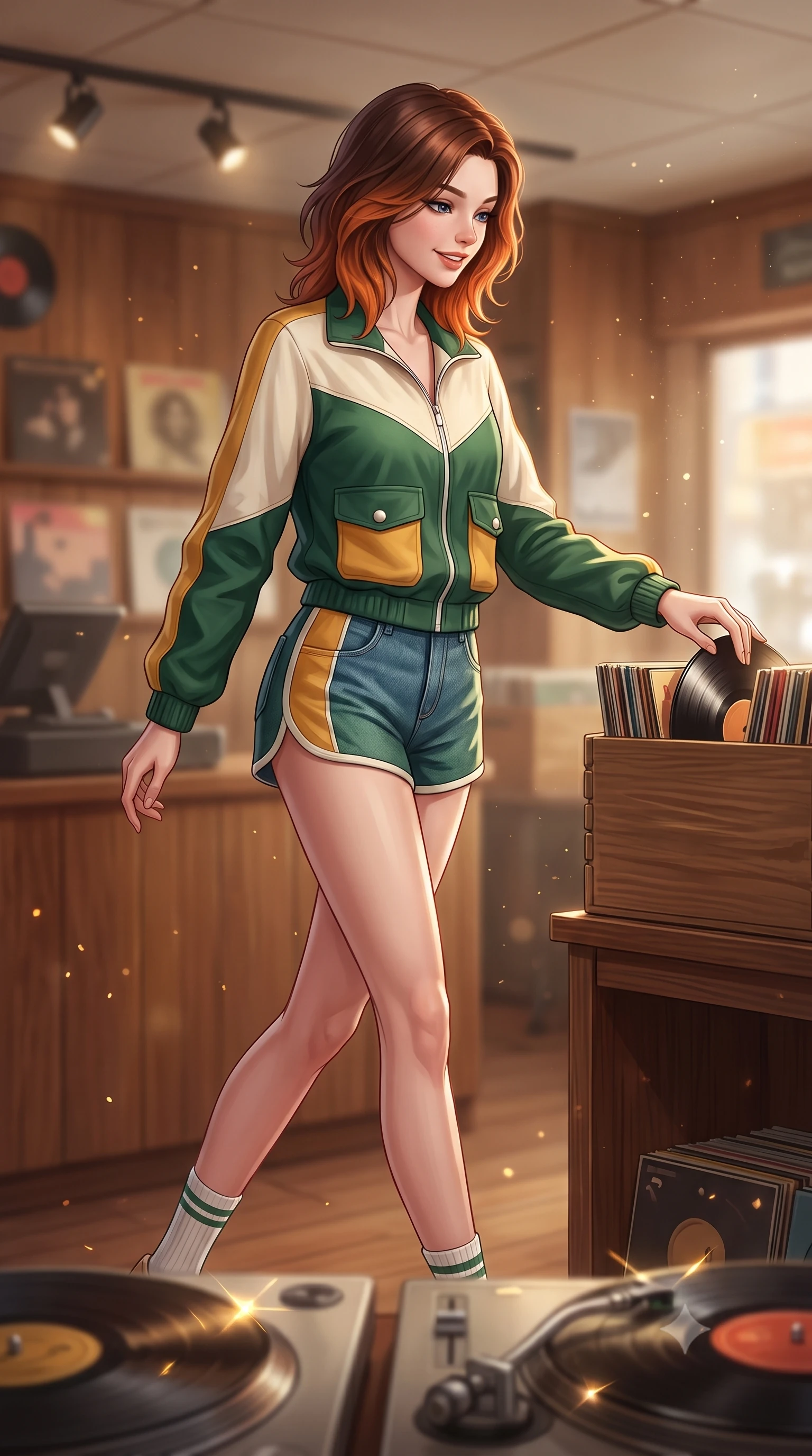 score_9, masterpiece, best quality, ultra-detailed, high-budget anime keyframe, semi-realistic 3D game render, editorial fashion photography, tasteful artistic composition, Korean woman. low angle full-body shot from head to toe showing her feet, filling the entire 9:16 vertical frame with her statuesque presence, stretching her vertical silhouette. striding forward in a proud, dynamic supermodel runway stride, her statuesque vertical silhouette commanding the entire frame while browsing through crates of vintage vinyl records in a cozy, wood-paneled record shop with a fascinated, sweet smile. The composition keeps background elements in soft focus with creamy bokeh. drifting warm light dust motes and spinning turntable reflections scattering golden glints. She has an absolutely perfect, statuesque 8.5-heads proportion, an exceptionally tall and slender model-like female figure with impossibly long slender legs, a toned flat midriff, and an ultra-slim waist. sharp v-shaped jawline, high-bridge nose, intricate jewel-like eyes with depth, thick eyelashes, glossy lips with a natural sheen, captivating and magnetic expression, flawlessly proportioned anatomical accuracy, strict slender model proportions, natural body alignment, perfectly sculpted long slender limbs, ultra-slim waistline, clean dynamic posture without body distortion. wearing a sporty 80s retro track jacket paired with high-waisted dolphin running shorts and tube socks in forest green, cream, and mustard yellow, made of premium heavyweight washed denim and breathable cotton poplin, finished with polished mother-of-pearl buttons and tailored flap pockets, the breezy yet form-flattering drape swaying gracefully with her steps, accentuating her long willowy limbs and slim waistline. illuminated by soft directional key light defining her high-bridge nose, glossy lips, and slender neckline. highly saturated vibrant anime colors, detailed shading with soft gradients, rich glossy textures, high-contrast stereoscopic depth, volumetric dynamic lighting, master piece, 9:16 ratio