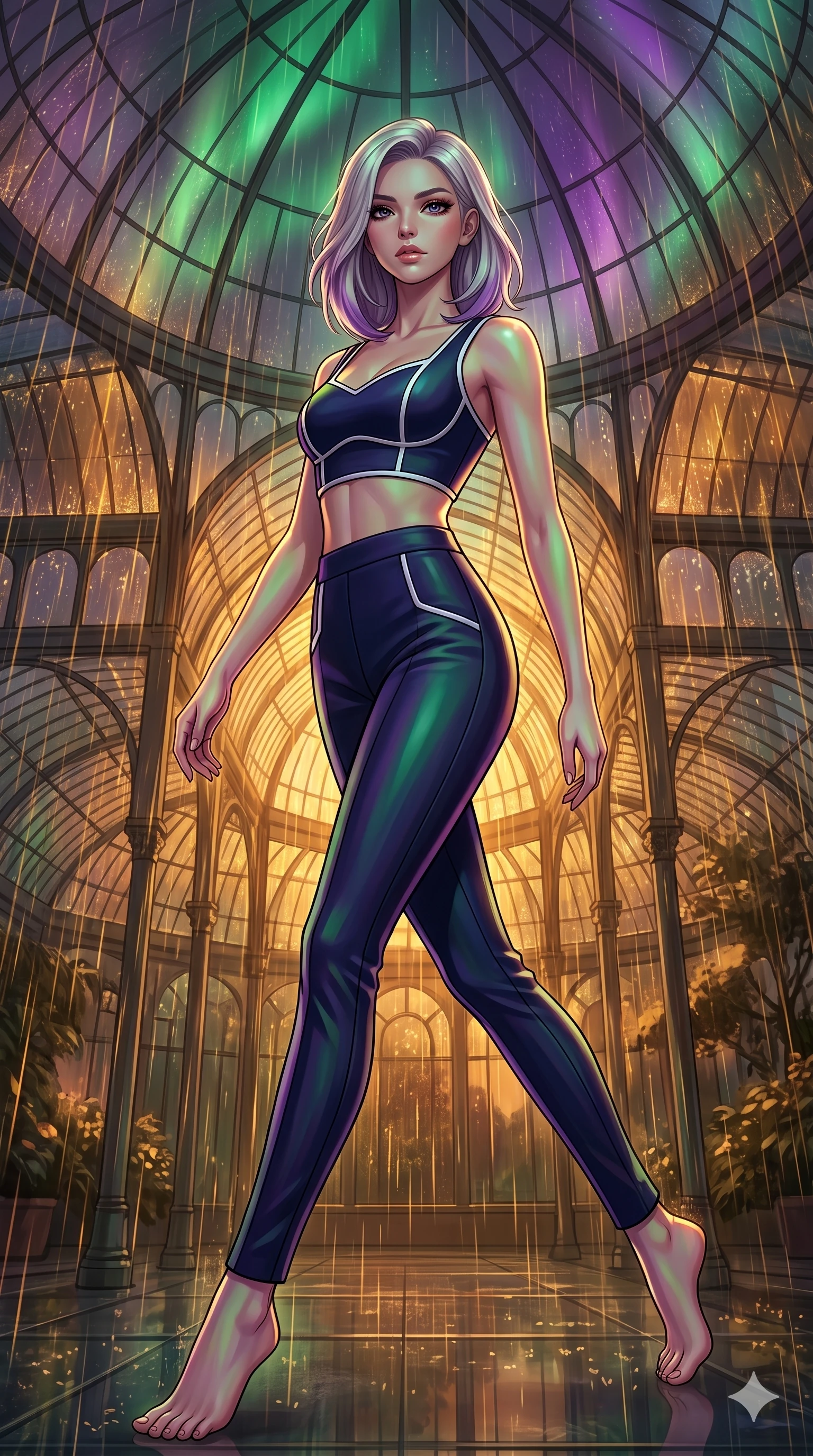 score_9, masterpiece, best quality, ultra-detailed, high-budget anime keyframe, editorial fashion photography, tasteful artistic composition, Caucasian woman, strictly human ears. low angle full-body shot from head to toe showing her feet, filling the entire 9:16 vertical frame with her statuesque presence, stretching her vertical silhouette. Executing a dynamic turning step with one leg extended behind inside a glass dome sanctuary during a heavy downpour of glowing amber rain. She has an absolutely perfect 8-heads proportion, an exceptionally tall and slender female figure with impossibly long slender legs and an ultra-slim waist. V-shaped jawline, high-bridge nose, intricate jewel-like eyes with depth, thick eyelashes, glossy lips with a natural sheen. wearing a structured crop top in thick navy neoprene with contrast white piping, paired with matching high-waist neoprene trousers with a slim-fit leg. illuminated by a shifting aurora palette of green, violet, and gold from above, wrapping her in color. 2k, ultra detail, master piece, 9:16 ratio