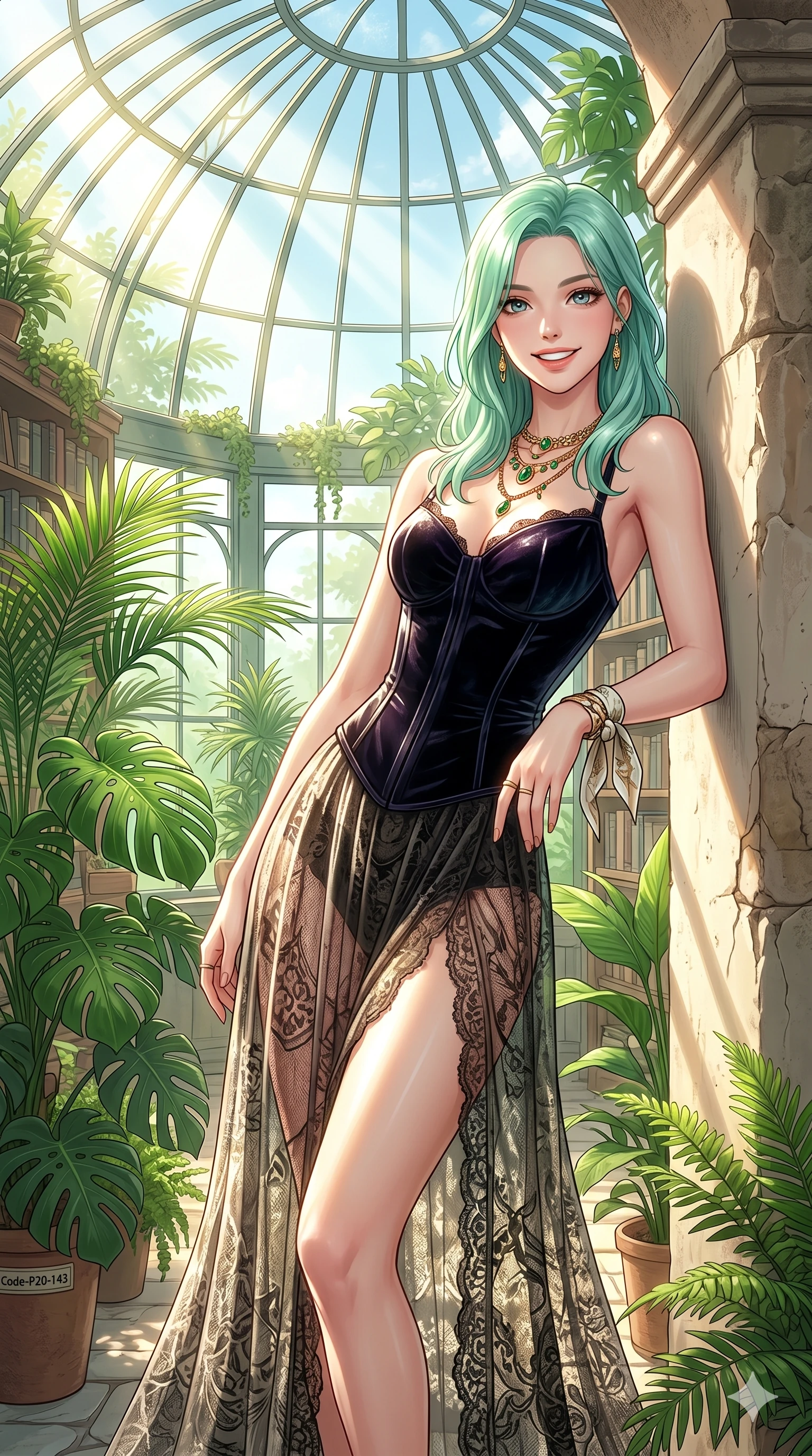 score_9, masterpiece, best quality, ultra-detailed, high-budget anime keyframe, vibrant anime aesthetic, Japanese woman. cowboy shot from the thighs up, character and outfit filling the frame for maximum presence. She is leaning against a villa wall, looking at the camera with a bright, friendly smile inside a glass dome library with green plants (Code-P20-143). She has an absolutely perfect 8-heads proportion, an exceptionally tall and slender female figure with impossibly long slender legs and an ultra-slim waist. V-shaped jawline, high-bridge nose, intricate jewel-like eyes with depth, thick eyelashes, glossy lips with a natural sheen. wearing a dark velvet corset combined with a sheer lace resort skirt. She is drenched in bright afternoon sun, highlighting the glossy textures of her outfit. 2k, ultra detail, master piece, 9:16 ratio