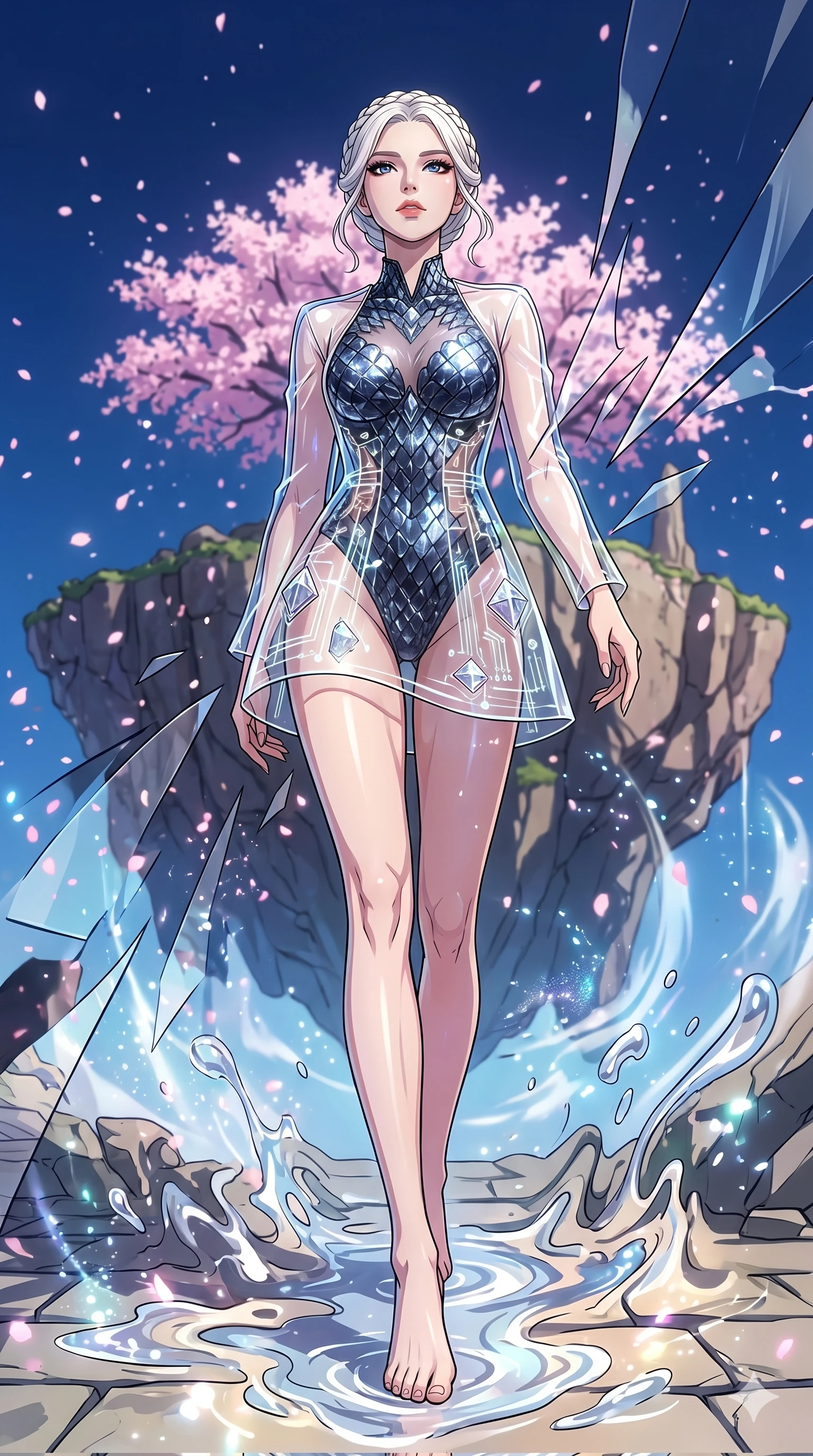 score_9, masterpiece, best quality, ultra-detailed, High-budget Anime Keyframe, vibrant colors, fluid line-art, expressive lighting, cinematic composition, Ufotable-style visual effects, top-tier animation quality, Korean woman with idol-like refined features. Low angle cowboy shot filling the entire 9:16 frame with her statuesque presence, looking up to emphasize her height. Warping the very fabric of reality around her as she walks, the ground turning into liquid and the sky changing colors. She has an absolutely perfect 8-heads proportion, an exceptionally tall and slender female figure with impossibly long slender legs and an ultra-slim waist, her statuesque height and towering silhouette dominating the vertical 9:16 frame. Her face is a masterpiece featuring a sharp v-shaped jawline, high-bridge nose, intricate jewel-like eyes with depth, thick eyelashes, and glossy lips with a natural sheen. She is wearing a Transparent mini-dress with glowing internal circuits and a high-cut structural leotard crafted from Obsidian-glass scales that shimmer with a dark, crystalline brilliance, featuring a crystalline structure that catches the light and reveals her slender frame. The scene is set in an ancient floating island with pink cherry blossoms falling like snow against a blue sky, illuminated by dynamic strobe effects that capture her movement in a series of sharp fragments. 2k, ultra detail, master piece, 9:16 ratio
